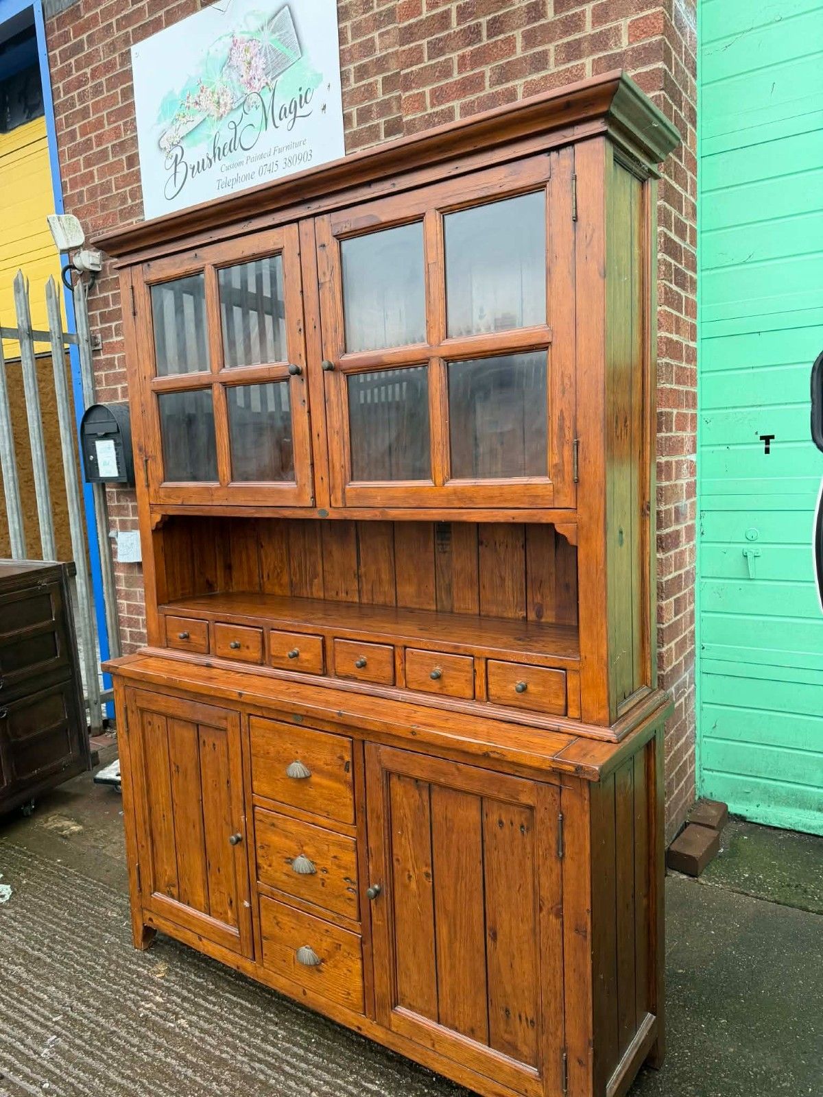 Vintage Large Reclaimed Wood Welsh Dresser Storage Glass/Glazed Door Display photo 850.0