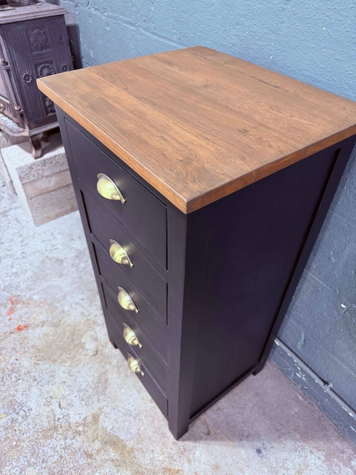 Professionally Hand Painted Oak Tall Chest Of Drawers Upcycled In Fusion Black photo furniture