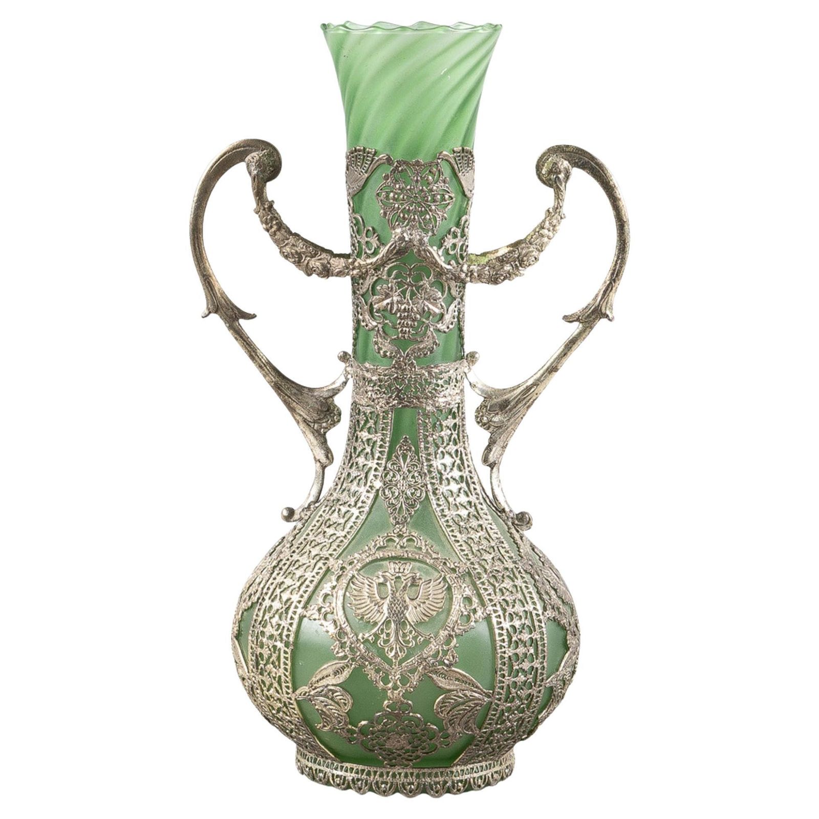 Antique Silver Vase, Art Nouveau Green Glass Vase With Silver Overlay, Early 20c