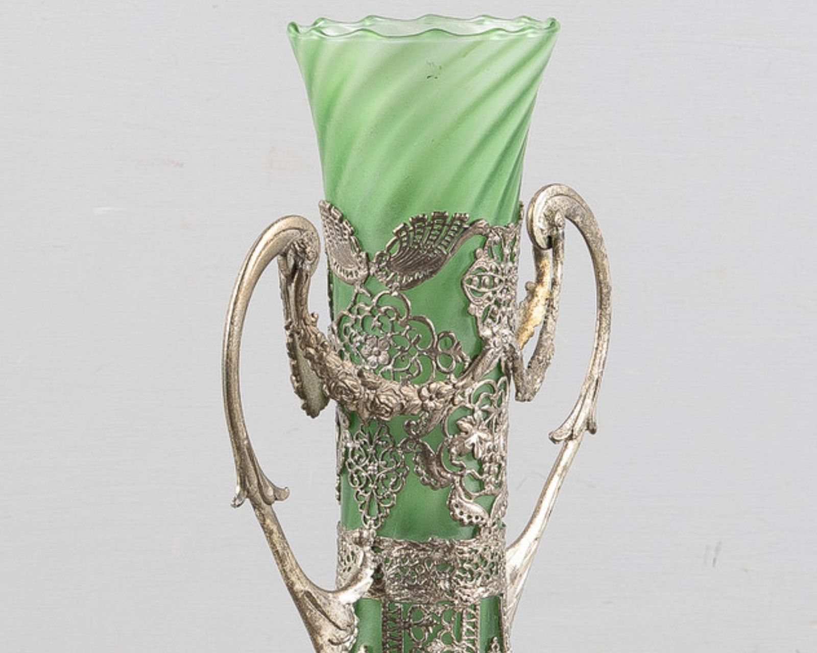 Antique Silver Vase, Art Nouveau Green Glass Vase With Silver Overlay, Early 20c photo for sale
