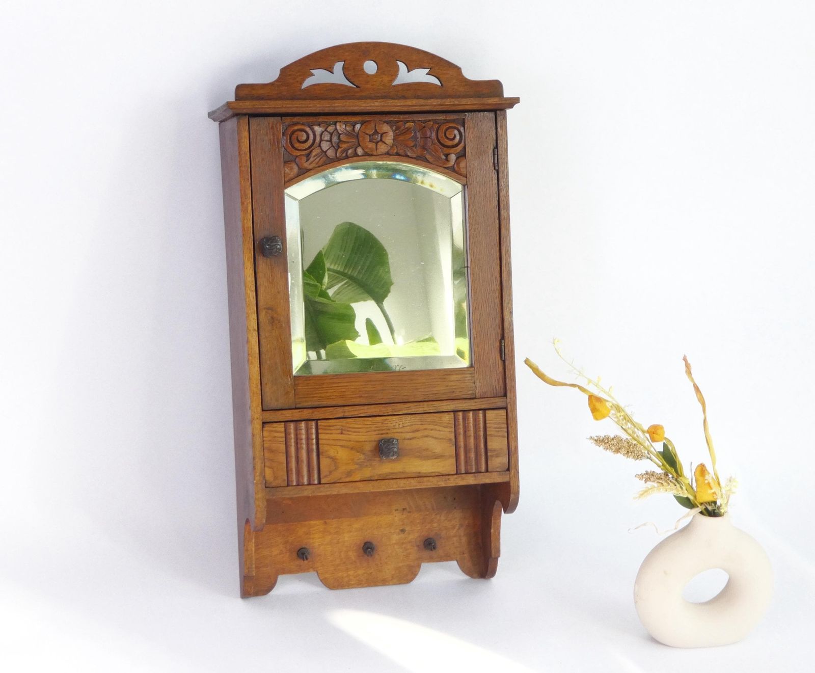 Antique Small Wooden Cabinet With Arch Mirror, Carved Apothecary With Floral Details, Small Chest, Farmhouse Decor