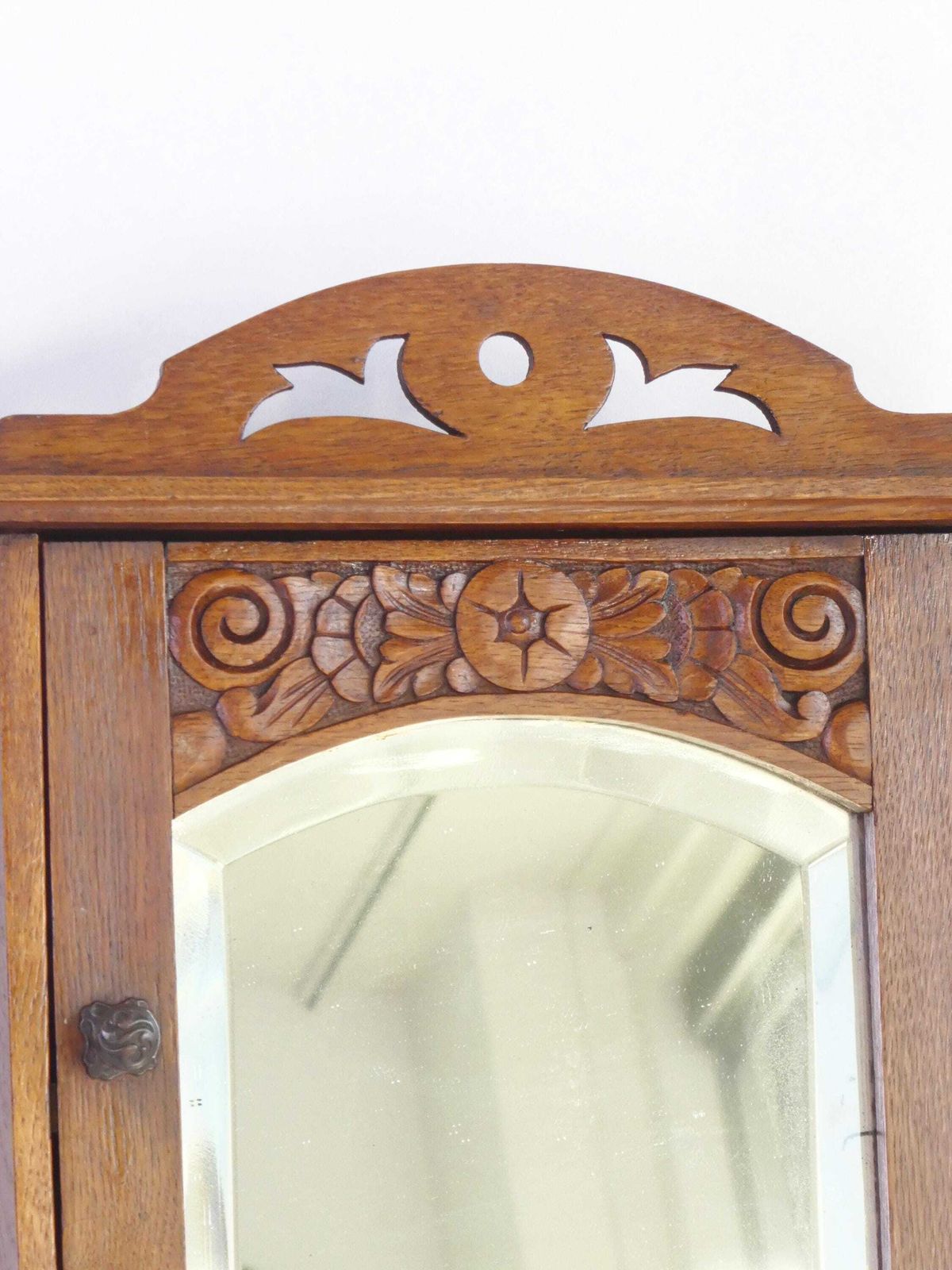 Antique Small Wooden Cabinet With Arch Mirror, Carved Apothecary With Floral Details, Small Chest, Farmhouse Decor photo for sale