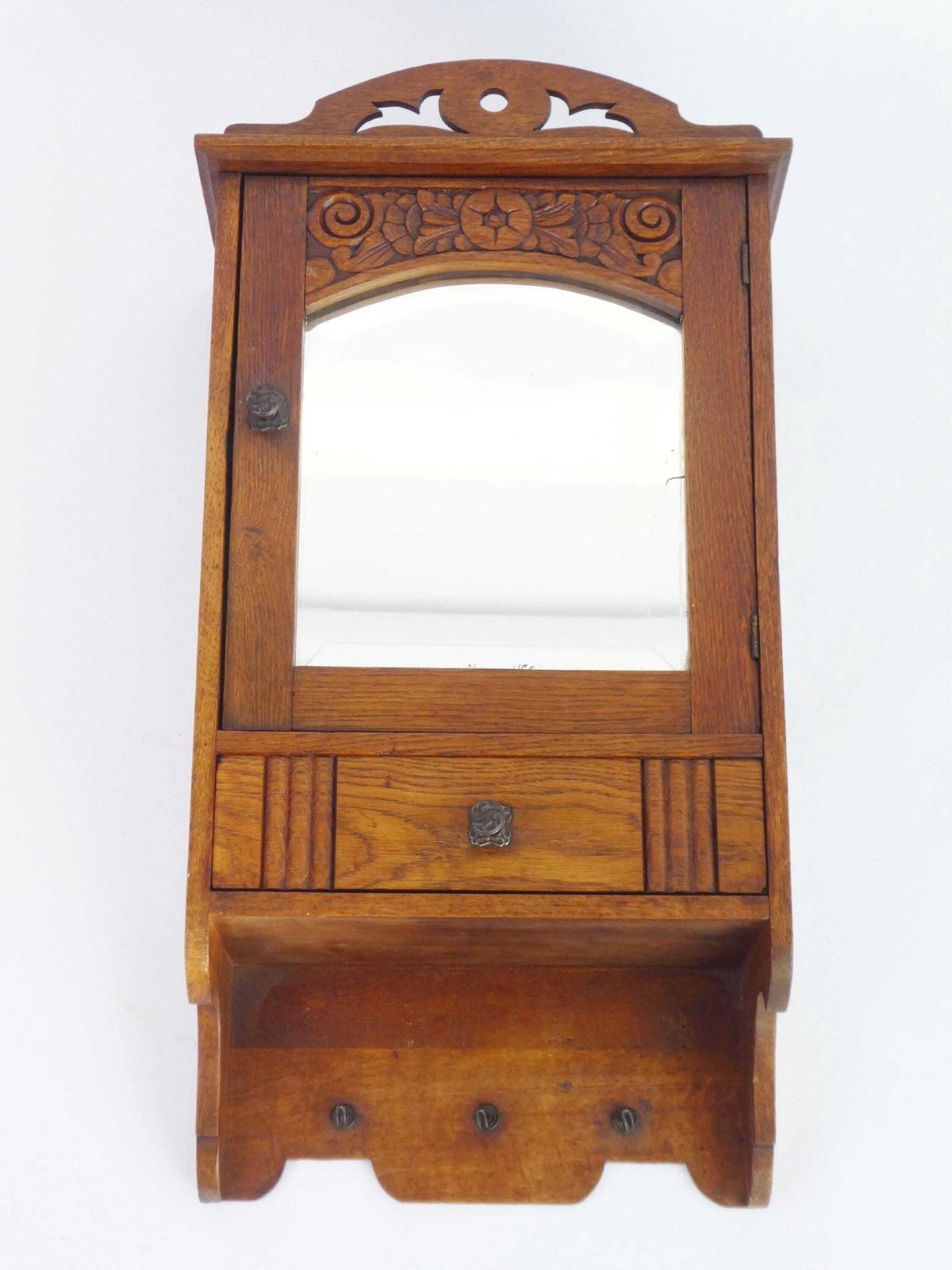 Antique Small Wooden Cabinet With Arch Mirror, Carved Apothecary With Floral Details, Small Chest, Farmhouse Decor photo vinterior