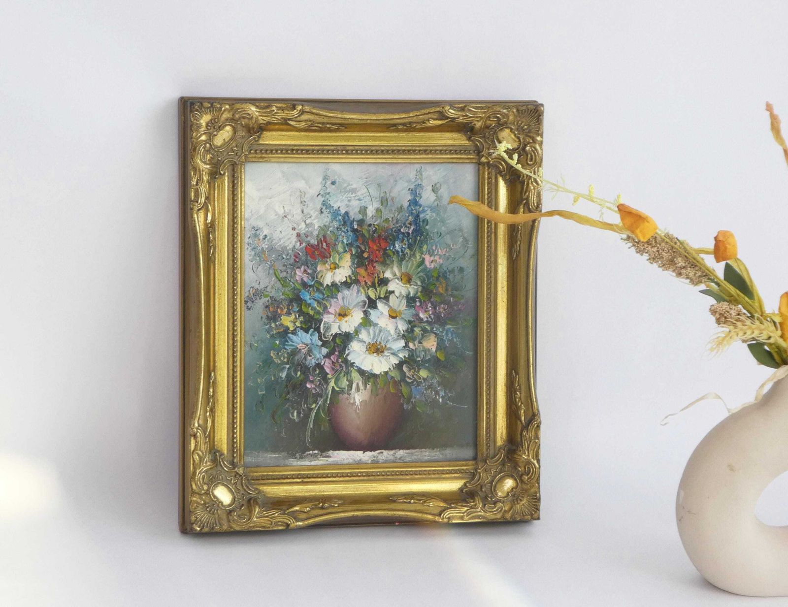 Vintage Floral Still Life Painting, Golden Framed Colourful Oil Painting, Wall Hanging