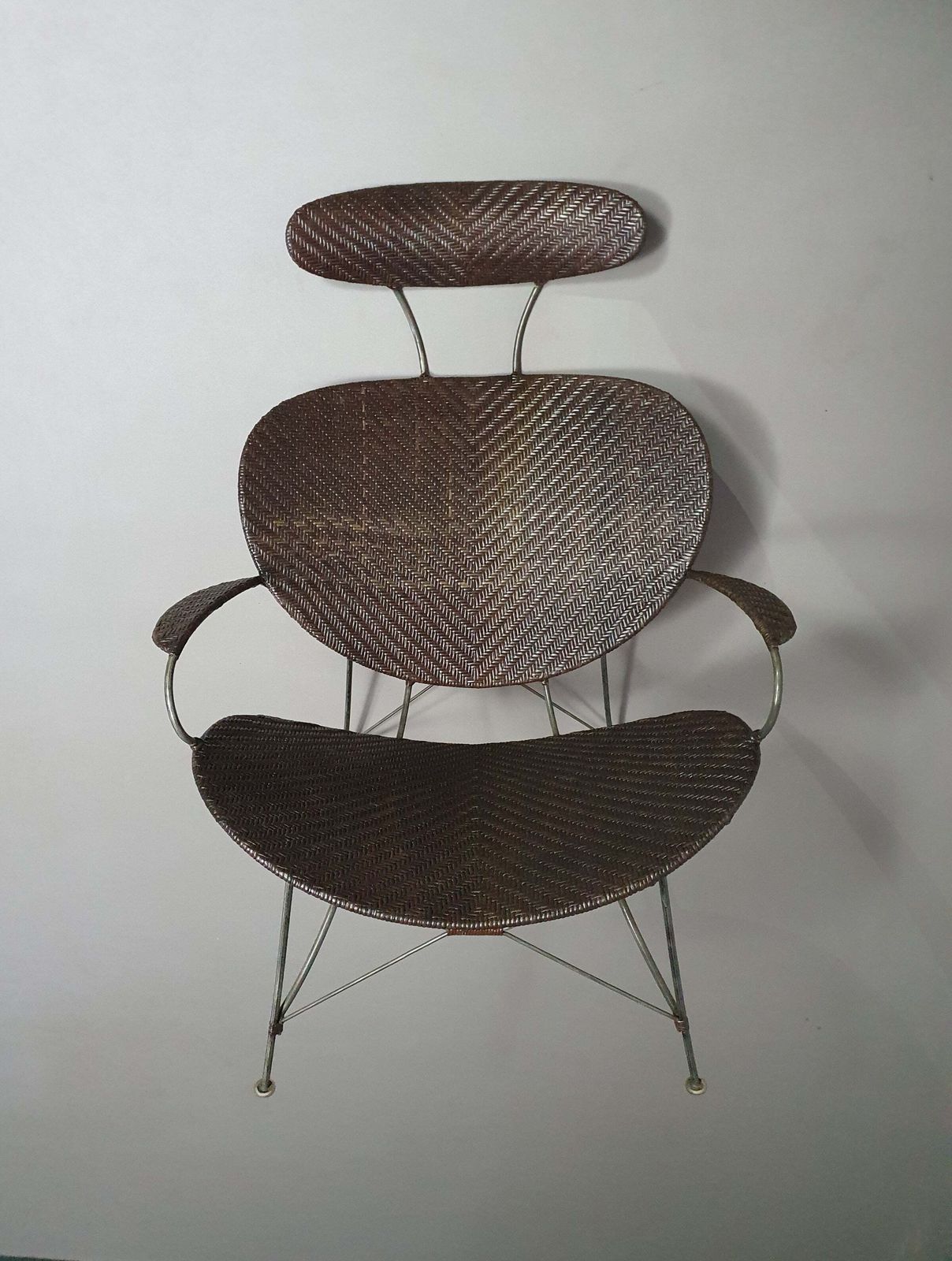 Brown Rattan And Metal Lounge Chair By Yuzuru Yamakawa, 1980s photo buy