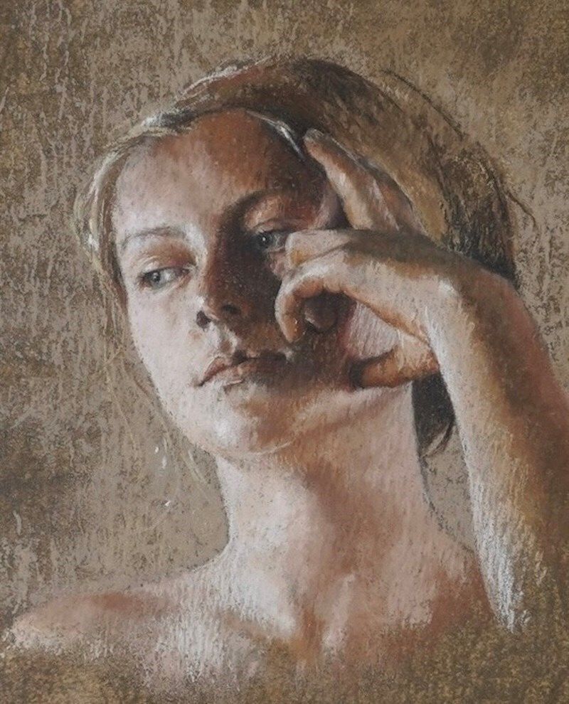 Femme Au Bandeau 2 – Pastel Portrait, Framed Artwork By Nathalie Picoulet photo for sale