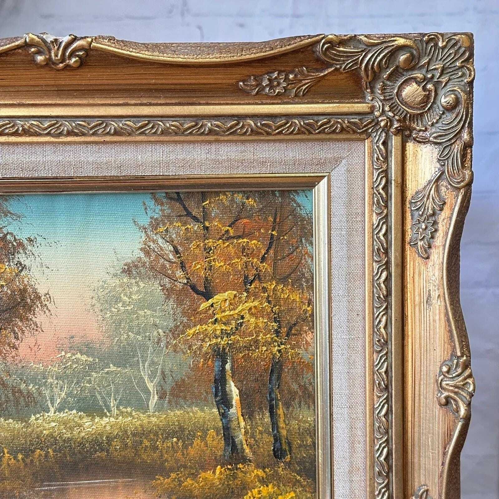 78.0 Signed G. Aubert Oil Painting Vintage Autumn Landscape Ornate Gold Gilt Frame photo