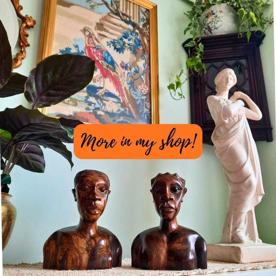 Mid Century African Marbled Wood Hand Carved Figural Bust Of A Male And Female Statue Bookends photo Home Decor