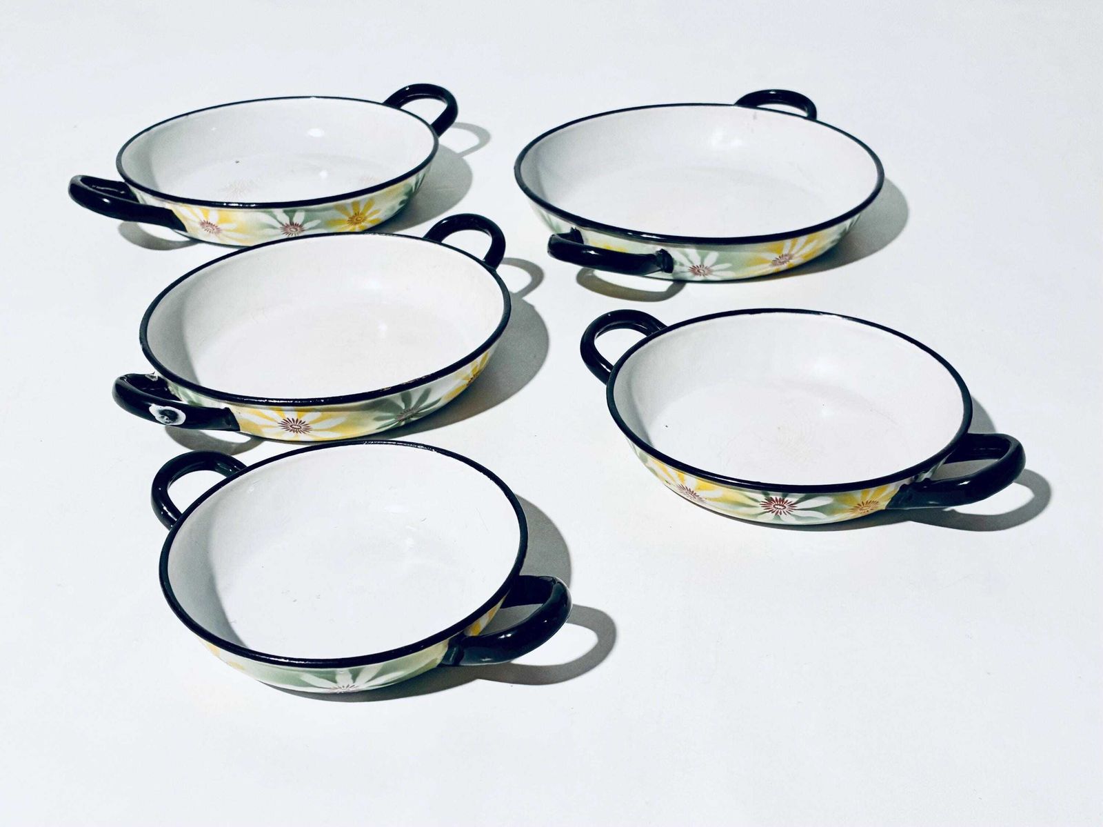Five B.B.C. Badon Boutte & Cie Vintage Margaritta Daisy Enamel Cooking Pots Stews Set / French Kitchenware Decor photo for sale