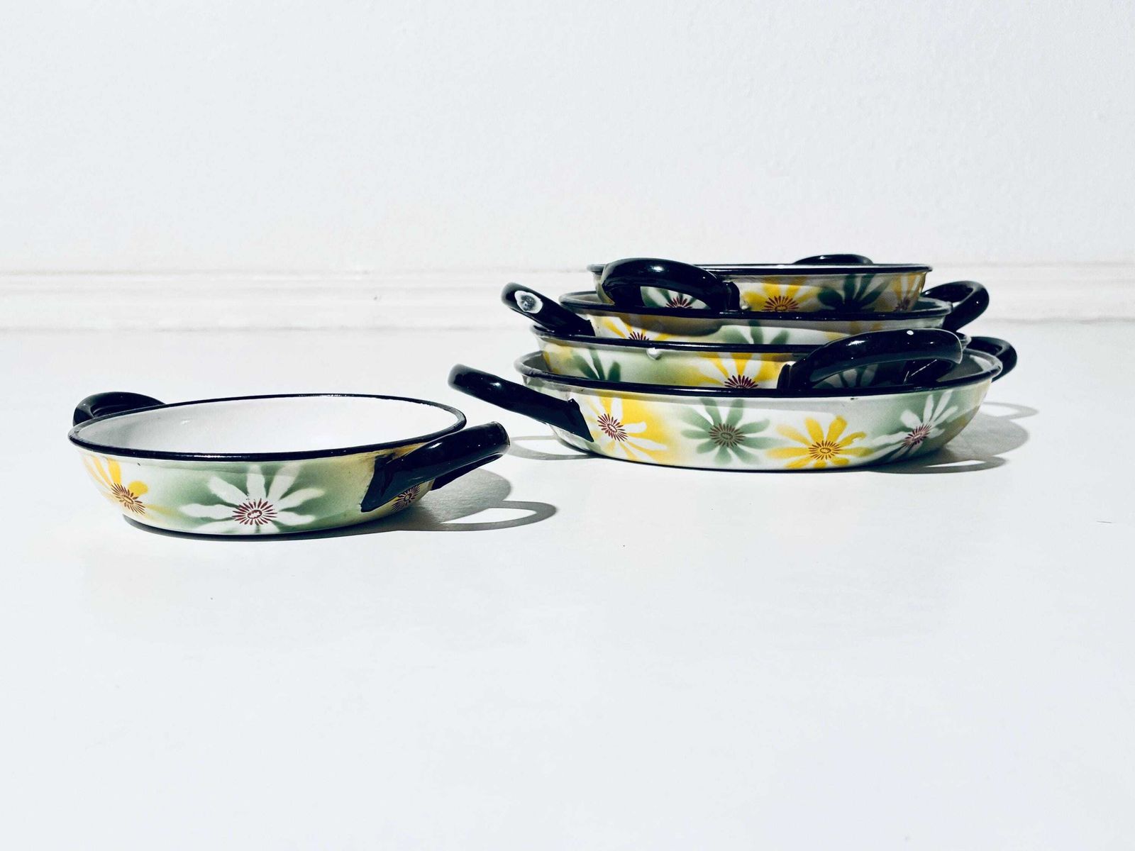 photo furniture Five B.B.C. Badon Boutte & Cie Vintage Margaritta Daisy Enamel Cooking Pots Stews Set / French Kitchenware Decor