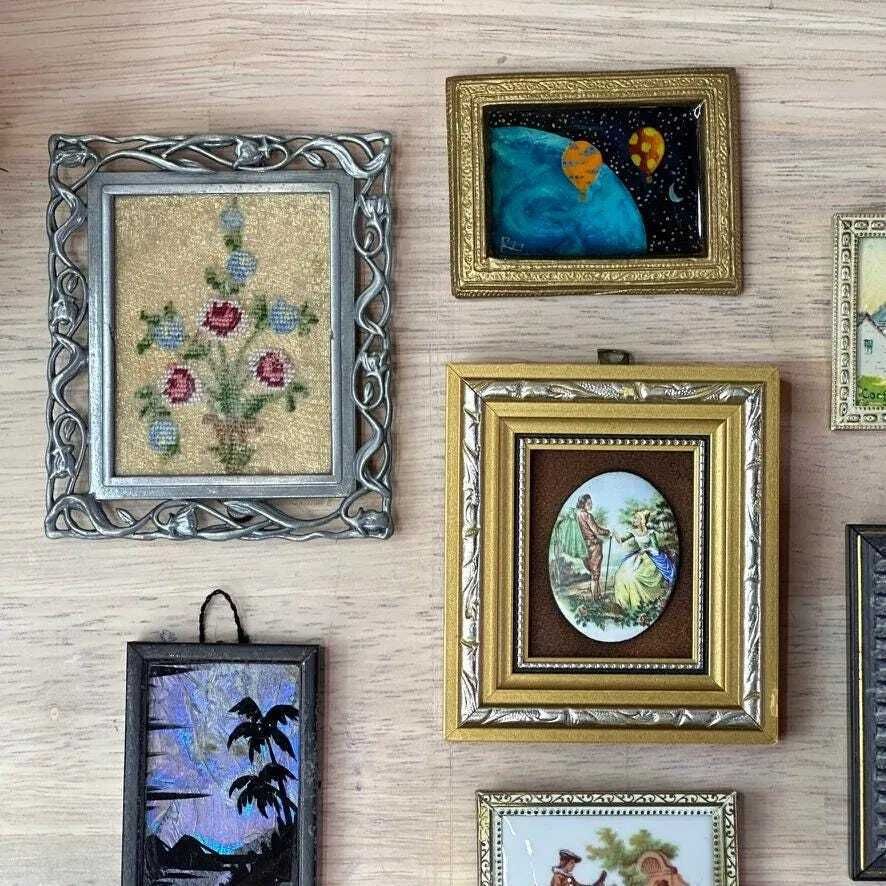 7x Vintage Miniature Art Lot Butterfly Wing Limoges Needlepoint Eclectic Gallery photo vintage
