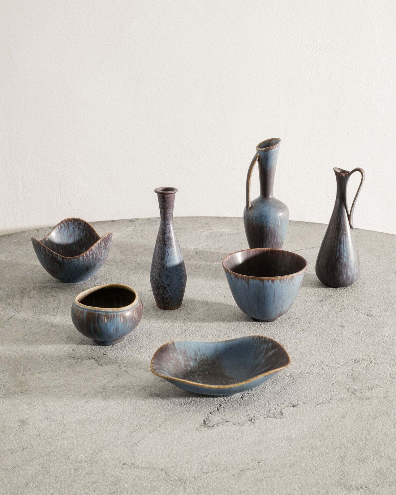 Set Of Seven Gunnar Nylund Blue Brown Swedish Mid Century Ceramic Vases For Rörstrand Sweden, 1950s photo for sale