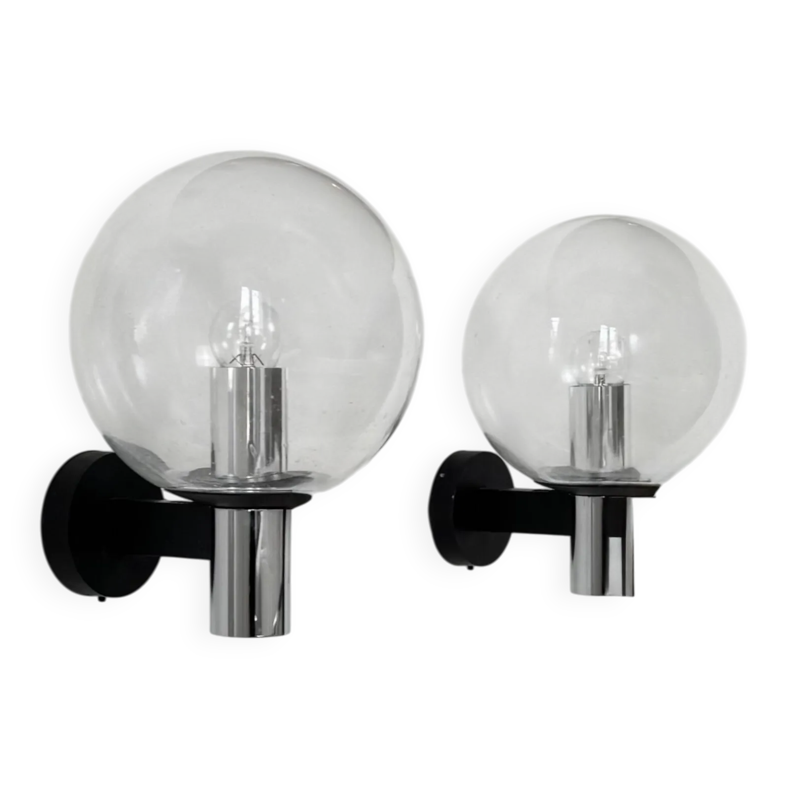 Pair Of Vintage Xl Wall Lights, Chrome Metal And Bubble Glass, France, 1970.