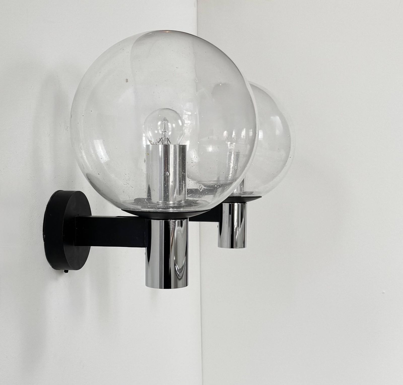 photo for sale Pair Of Vintage Xl Wall Lights, Chrome Metal And Bubble Glass, France, 1970.