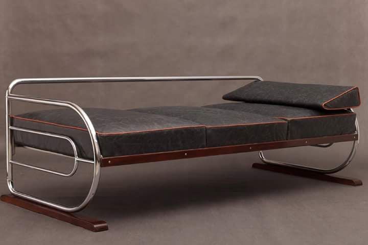 Daybed Sofa In Black Leather By Hynek Gottwald,  Czech Bauhaus 1930s