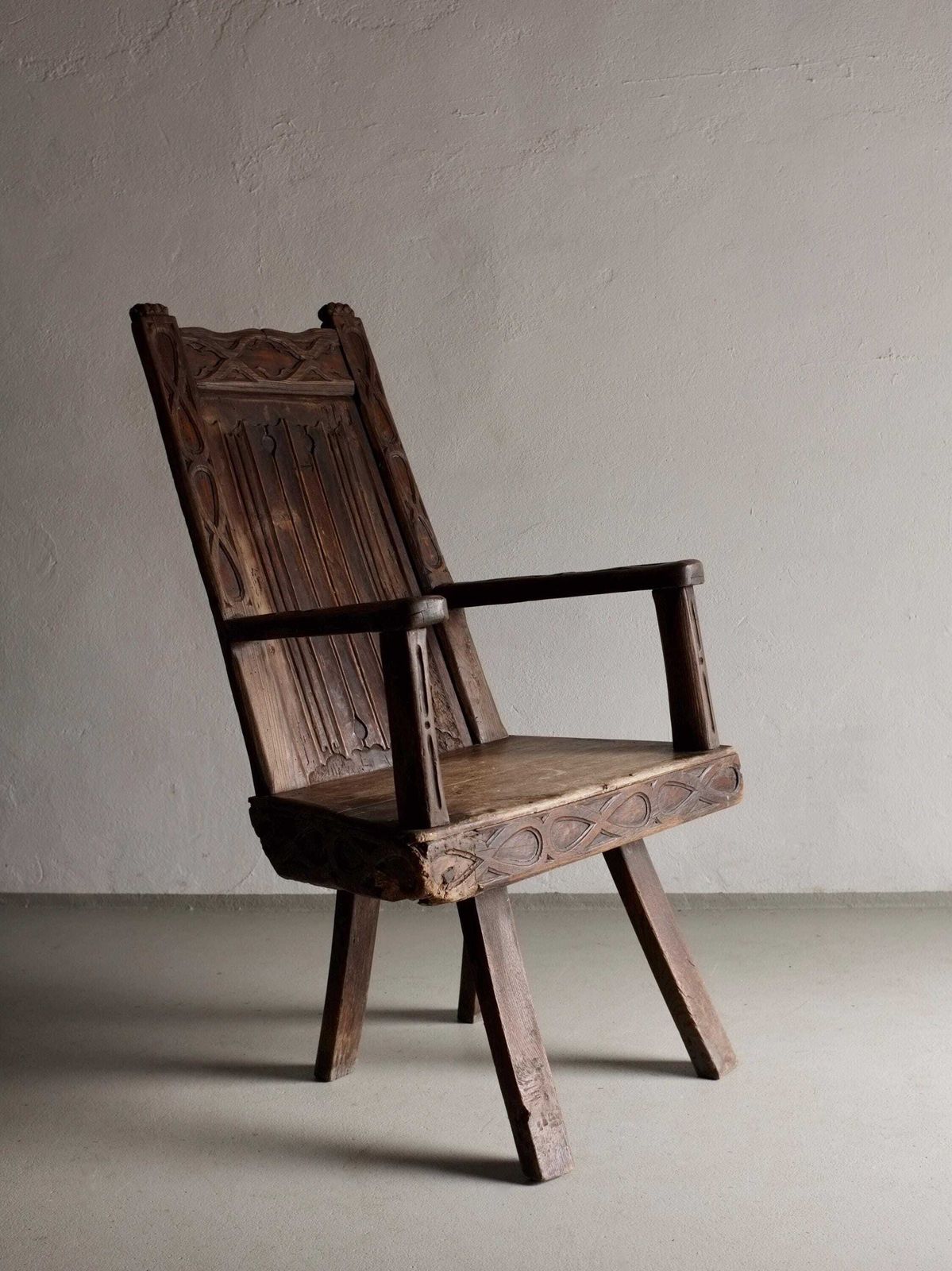Antique Primitive Carved Oak Arm Chair | Belgium