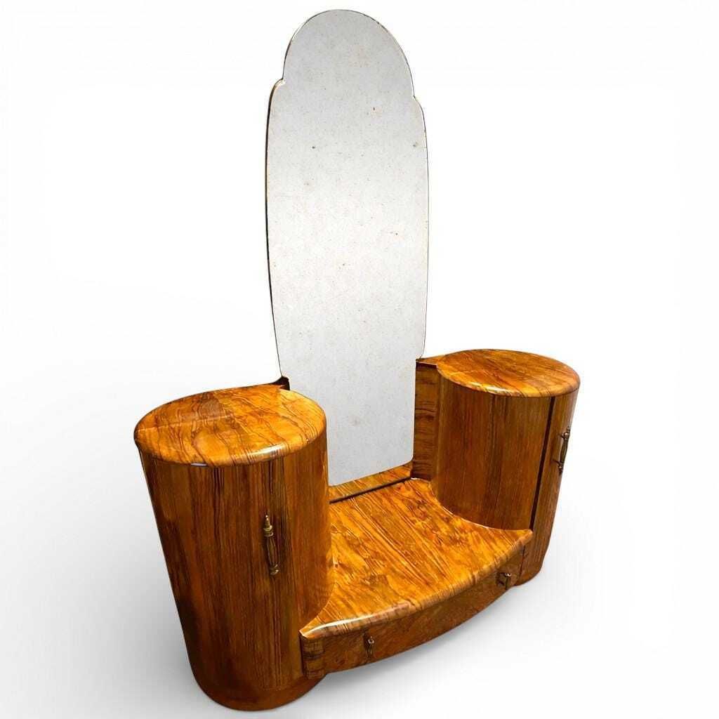 Shrager Art Deco Burr Walnut Dressing Table Vanity With Mirror & Side Cabinets