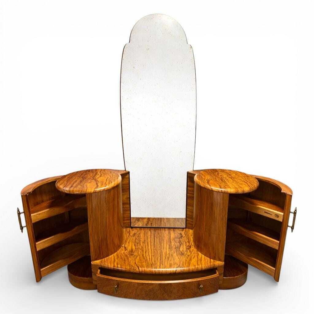 Shrager Art Deco Burr Walnut Dressing Table Vanity With Mirror & Side Cabinets photo for sale