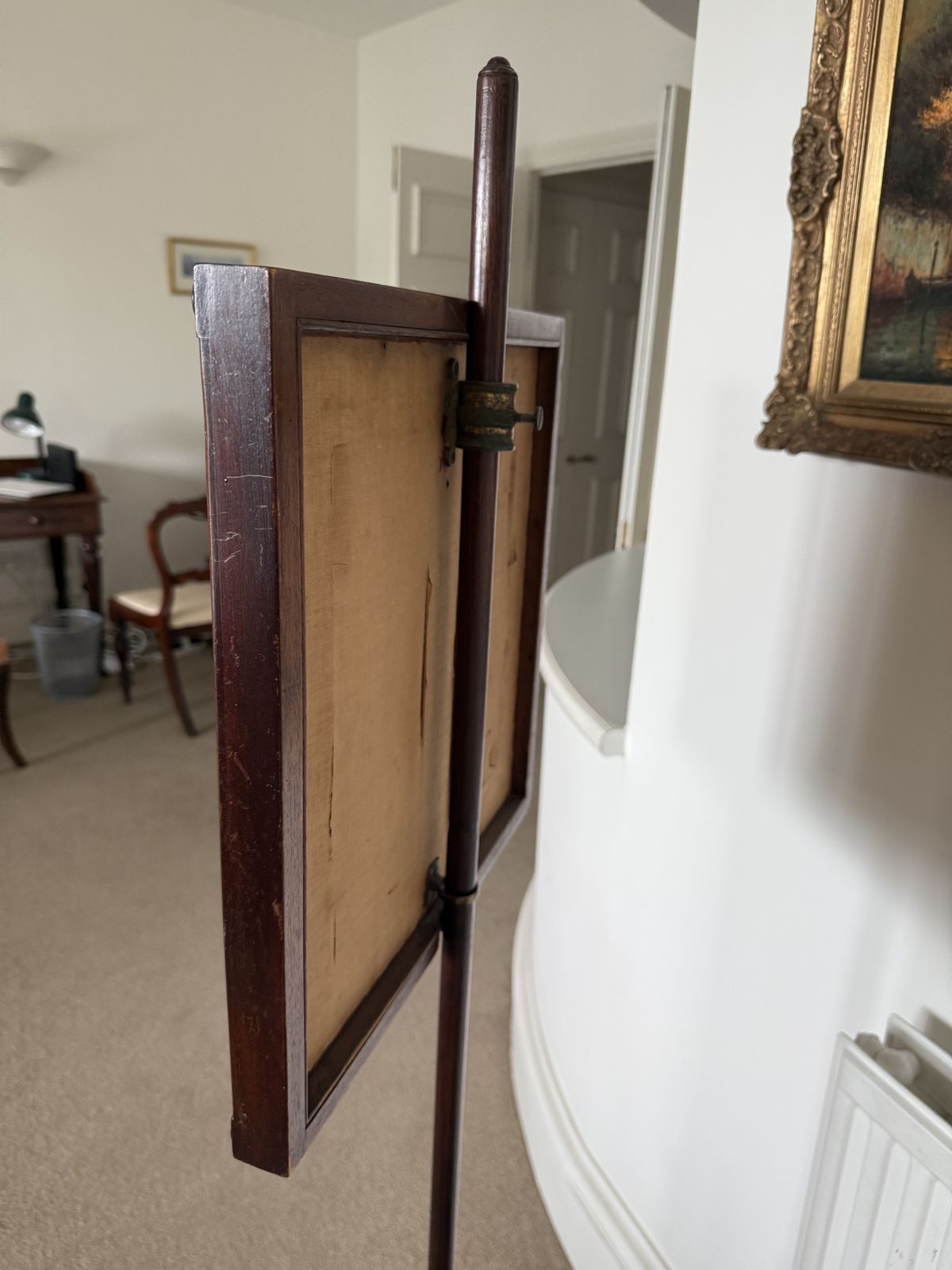Georgian Pole Screen With Tapestry On Gun Barrel Stem And Tripod Feet photo for sale