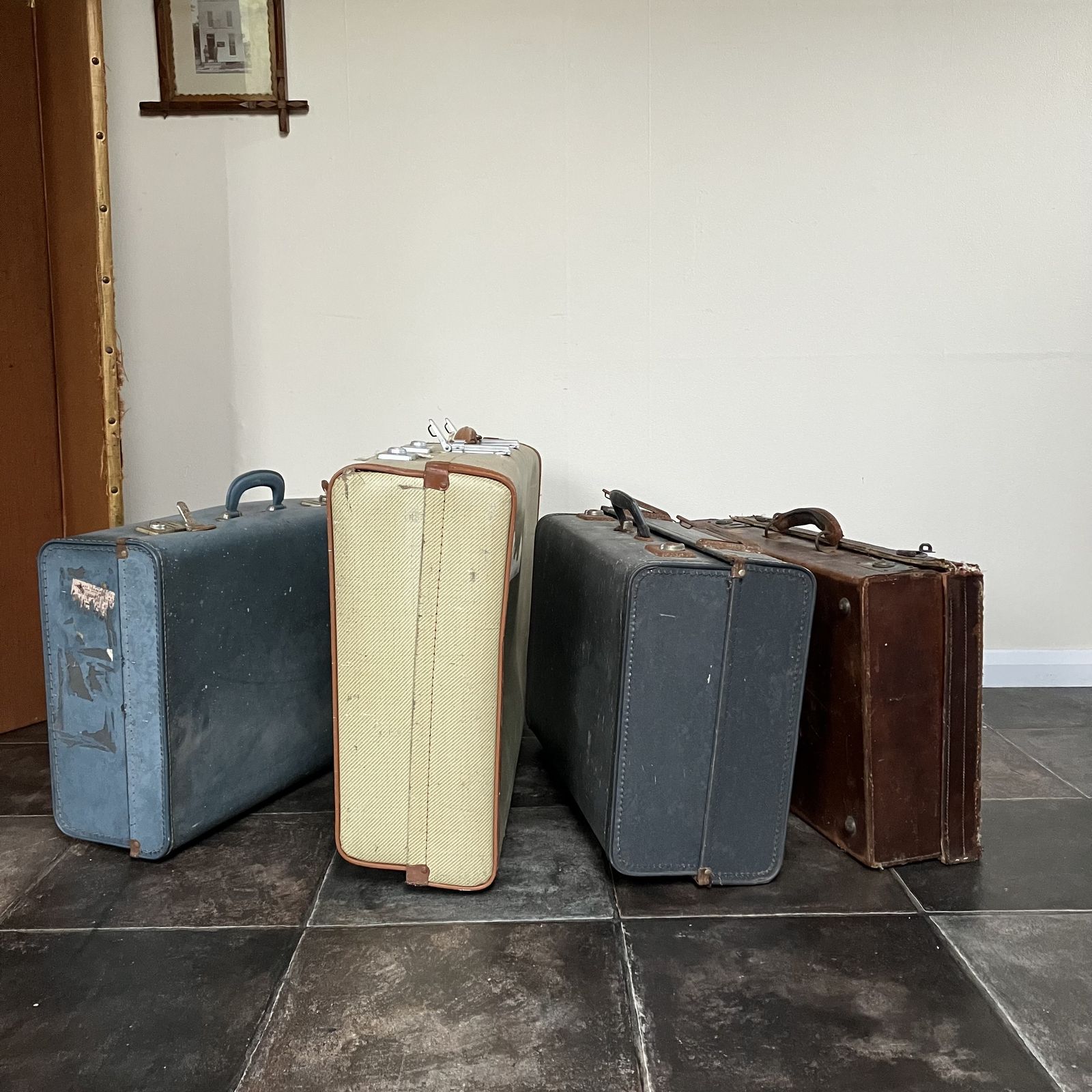 Collection Of Old Luggage To Include Revelation Suitcase, Brown Leather And Blue Leather Suitcases; Shop Display, Props photo Home Decor
