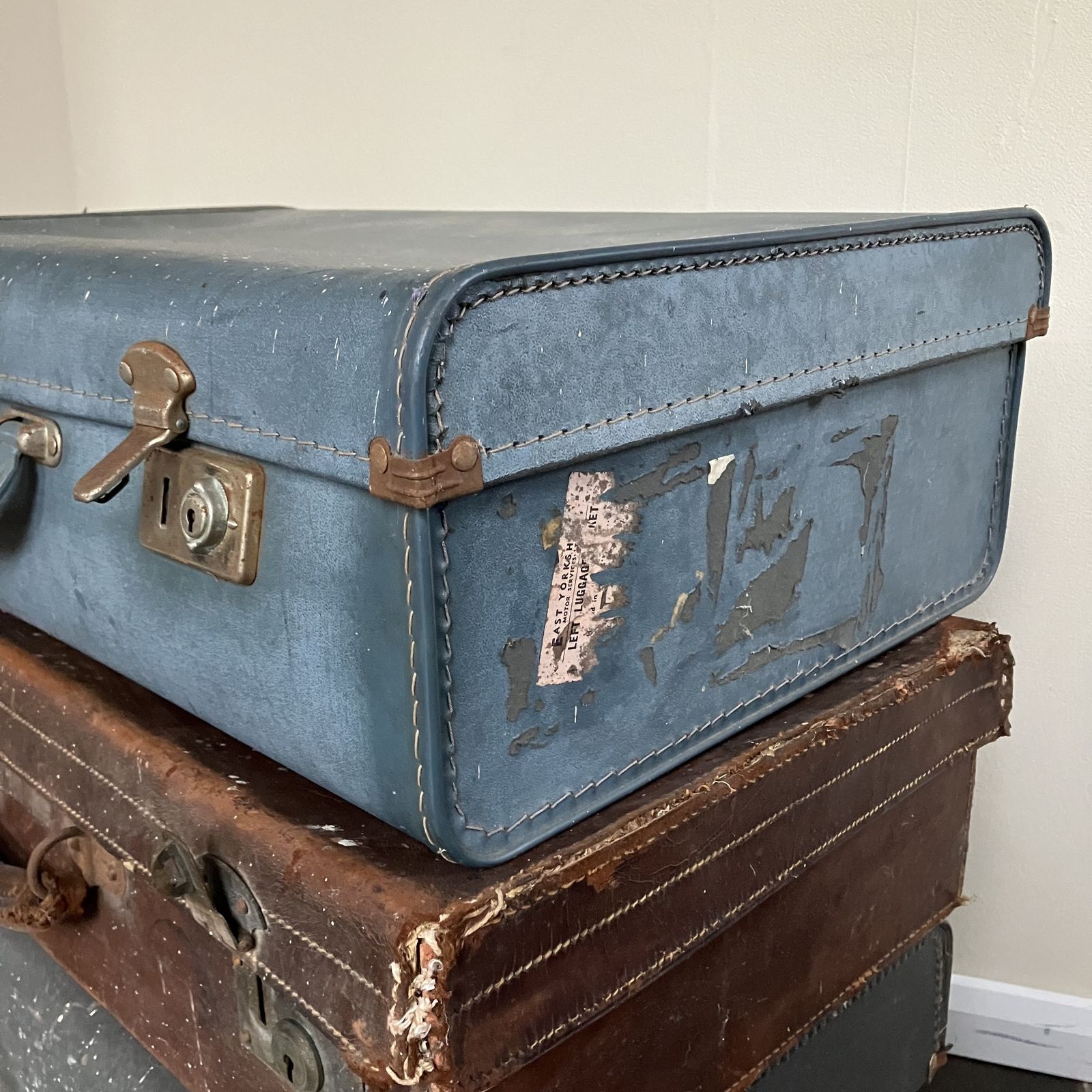 photo for sale Collection Of Old Luggage To Include Revelation Suitcase, Brown Leather And Blue Leather Suitcases; Shop Display, Props