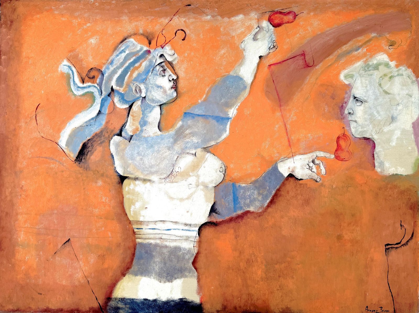 Eduardo Arranz Bravo Woman Man's Head Two Pears And Orange Background Abstract Surrealism 1967 Oil 1967