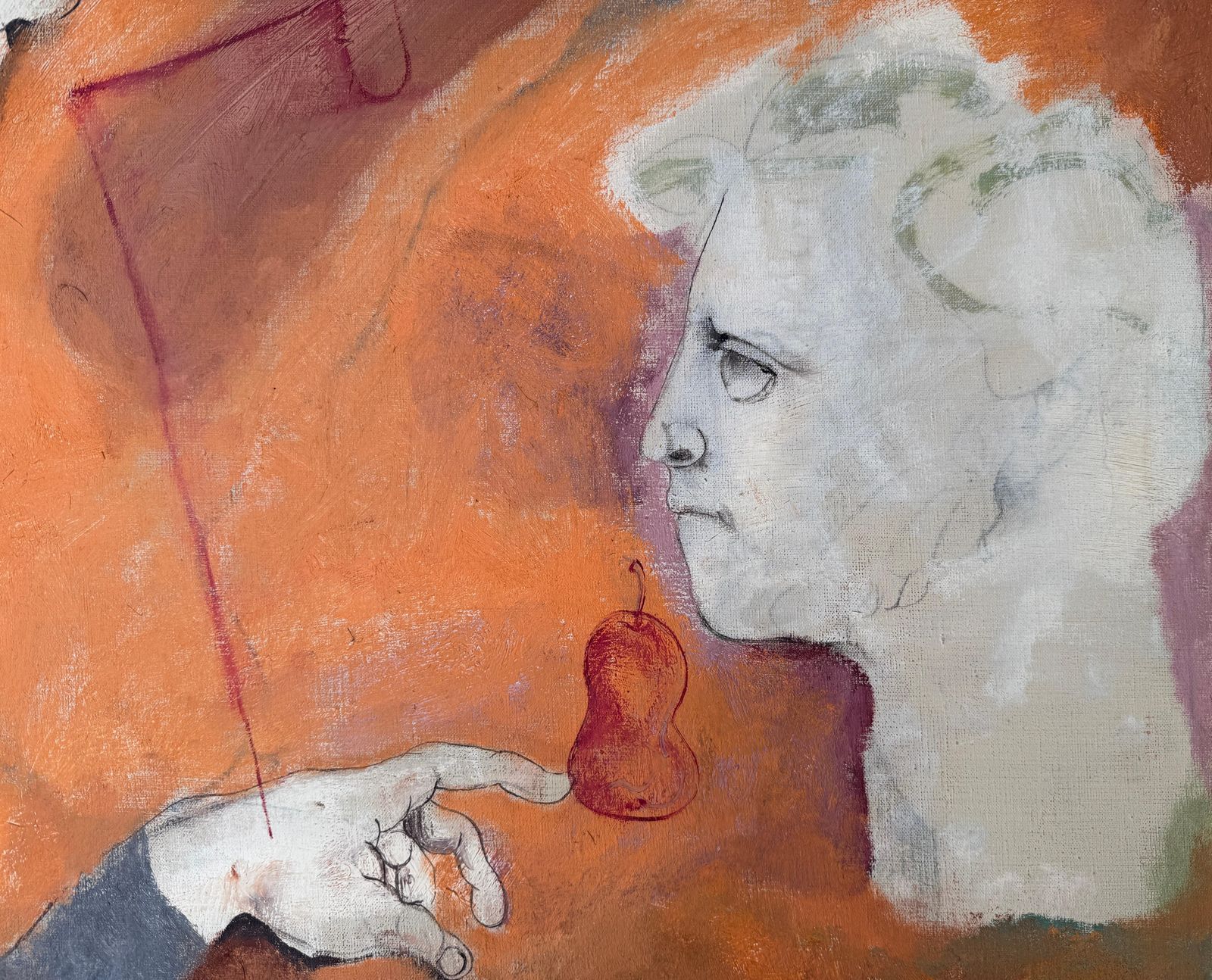 Eduardo Arranz Bravo Woman Man's Head Two Pears And Orange Background Abstract Surrealism 1967 Oil 1967 photo for sale
