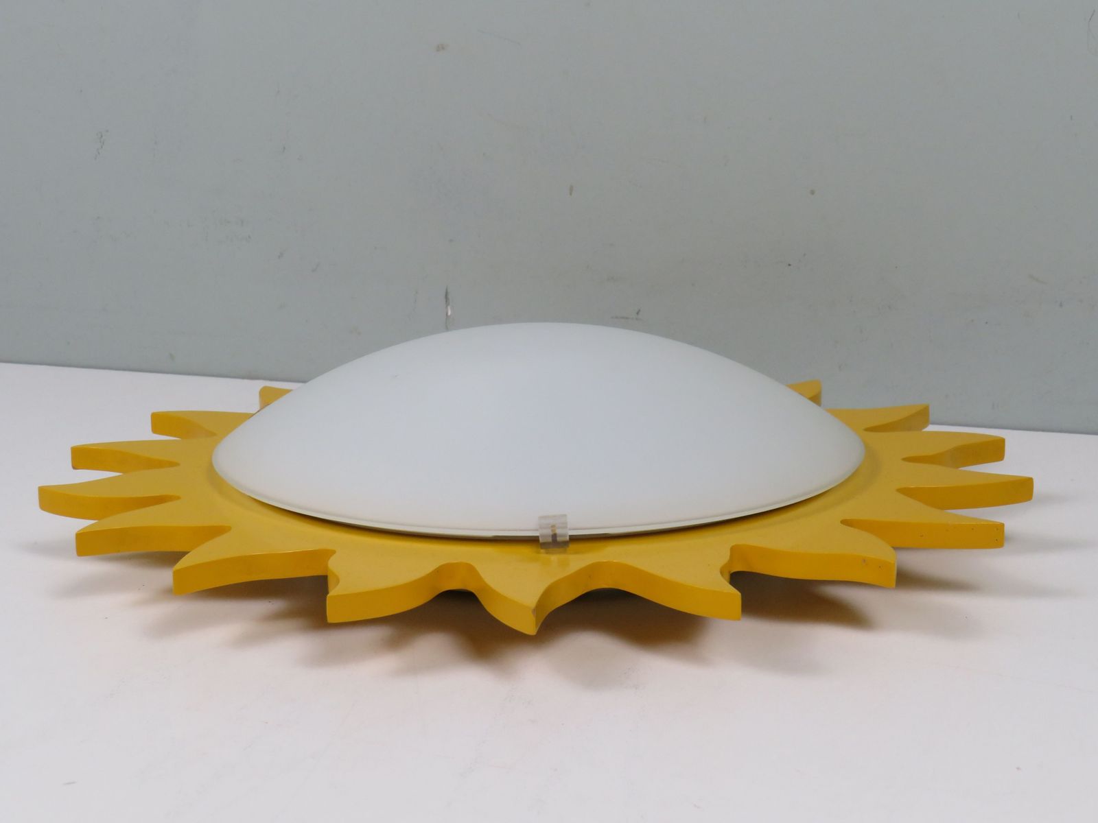 Vintage Sunburst Ceiling Light By Massive Belgium, Opaline Milk Glass & Yellow Lacquered Wood photo Lighting