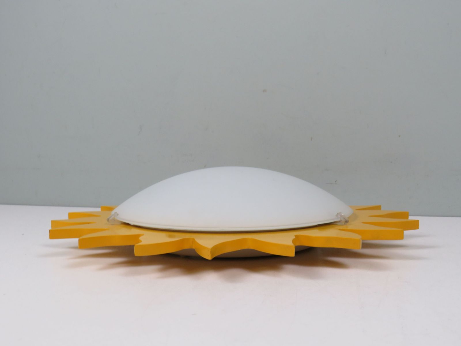 photo furniture Vintage Sunburst Ceiling Light By Massive Belgium, Opaline Milk Glass & Yellow Lacquered Wood