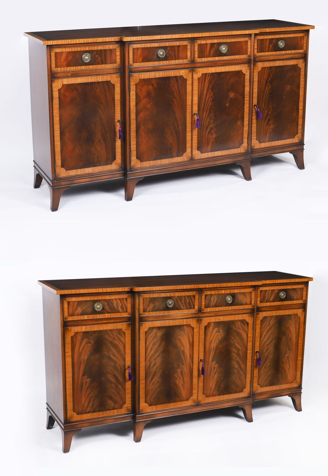 Vintage Pair Flame Mahogany Sideboards Retailed By Harrods Late 20th C