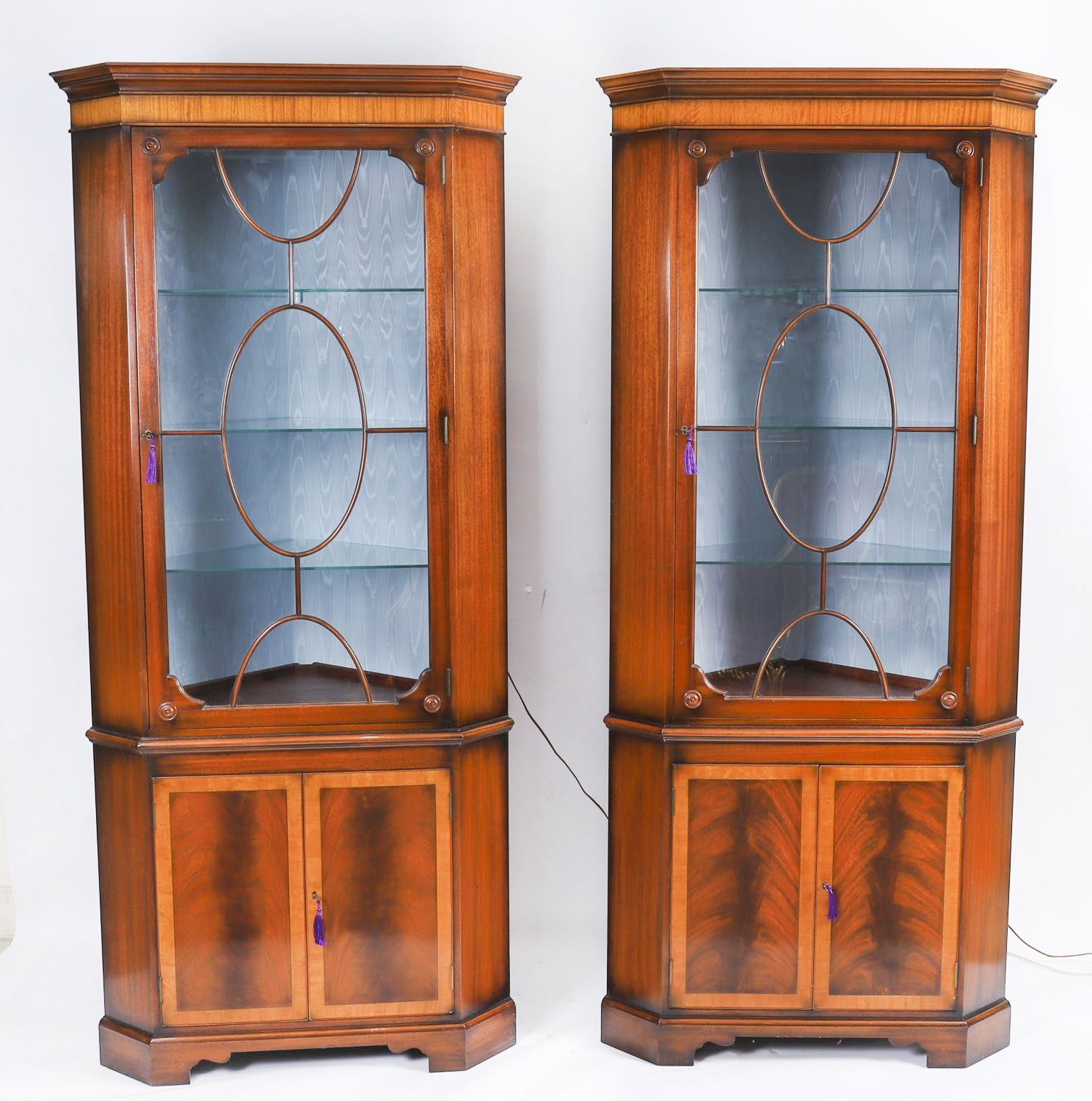 Pair Vintage English Flame Mahogany Corner Display Cabinets Harrods 20thc