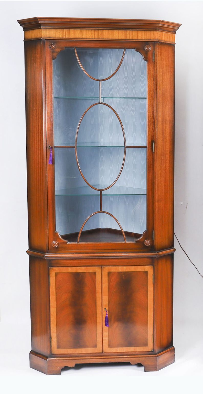 Pair Vintage English Flame Mahogany Corner Display Cabinets Harrods 20thc photo Furniture