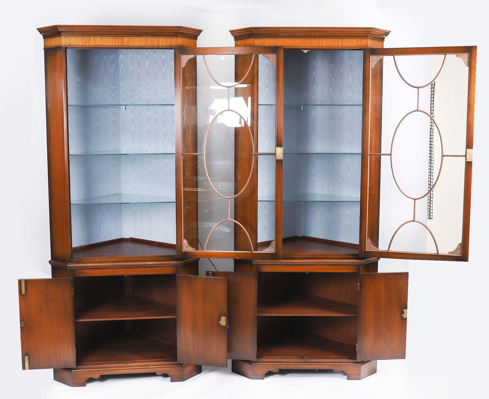 photo vintage Pair Vintage English Flame Mahogany Corner Display Cabinets Harrods 20thc
