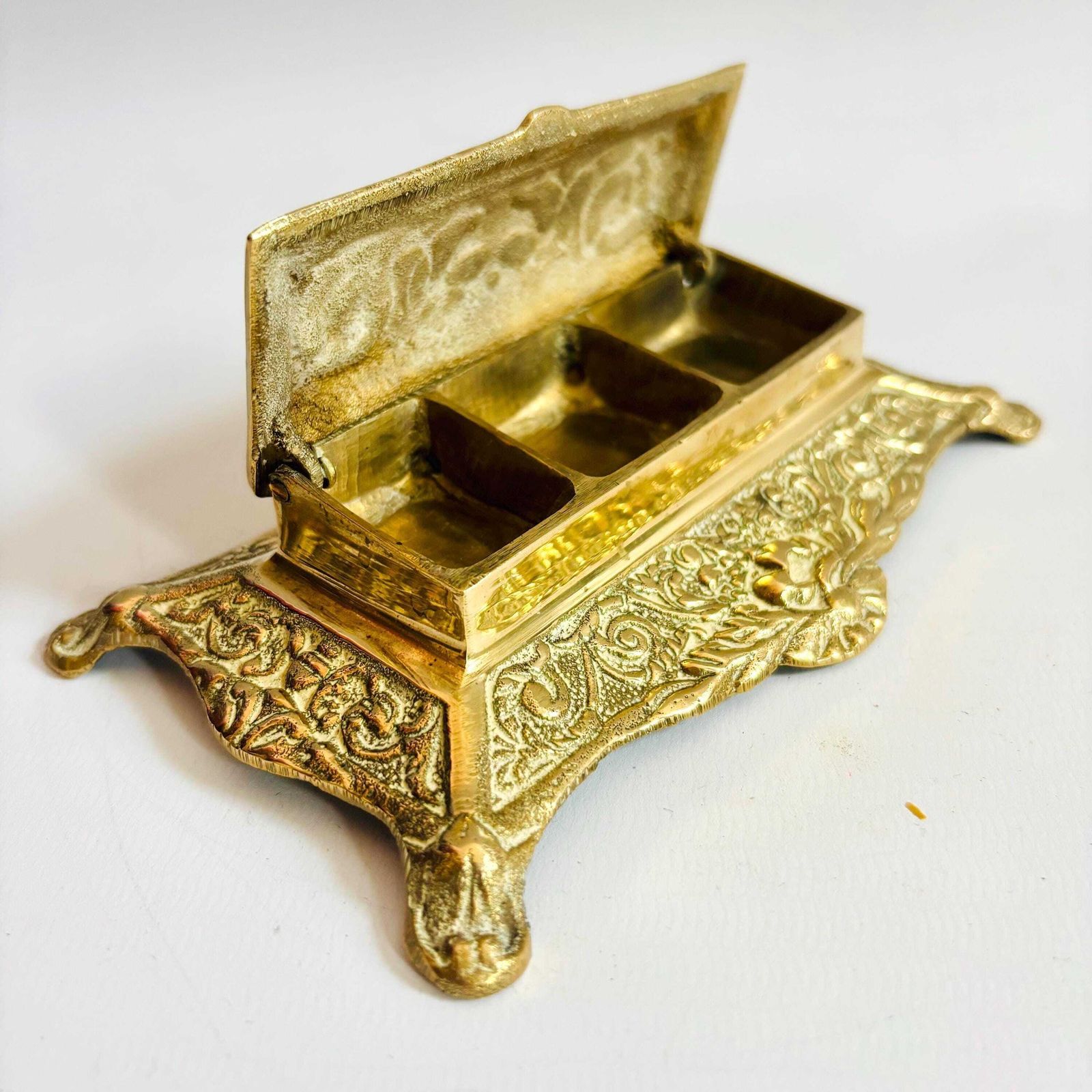 Victorian Gilt Metal Stamp Box: Ornate Desk Casket, C.1890