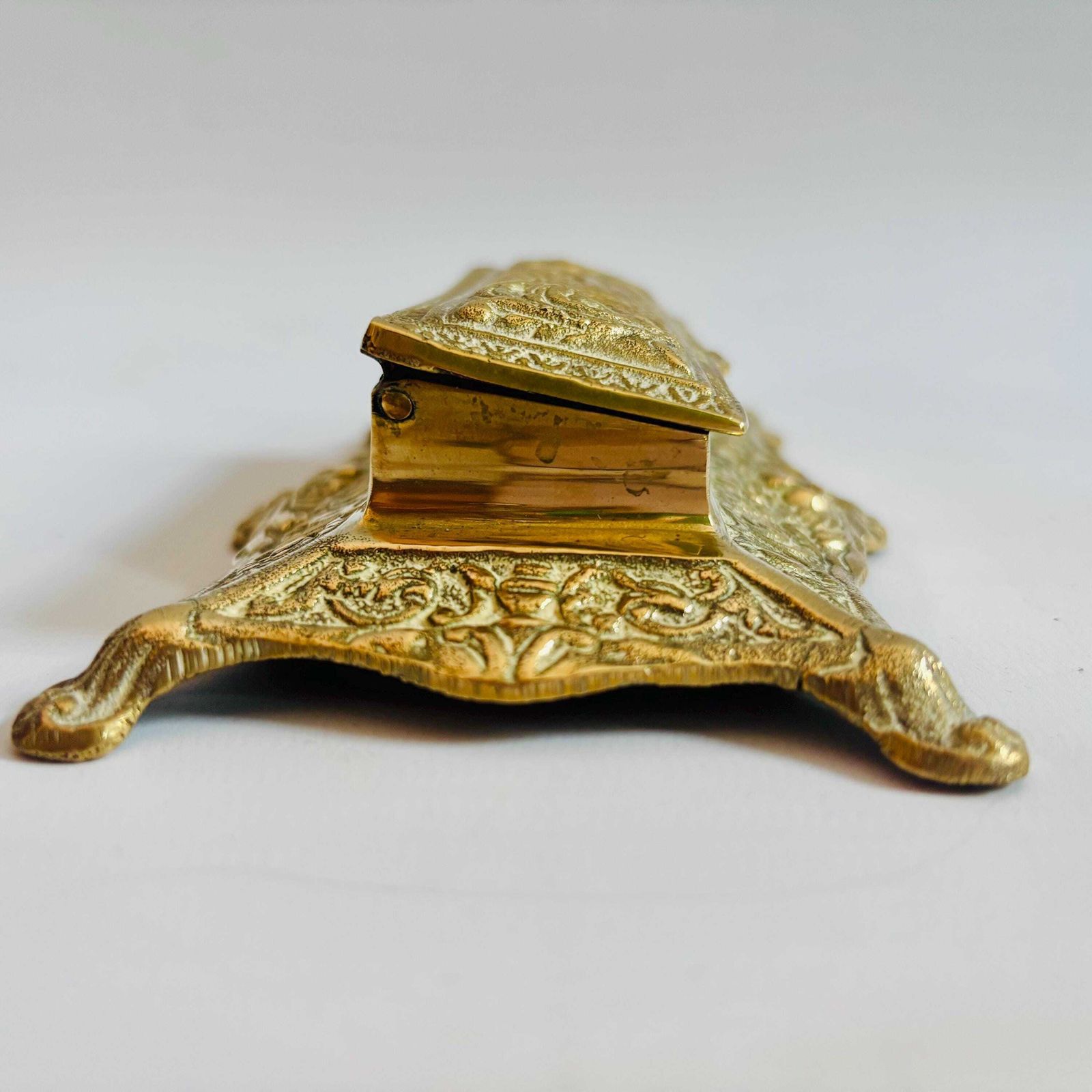 Victorian Gilt Metal Stamp Box: Ornate Desk Casket, C.1890 photo Home Decor