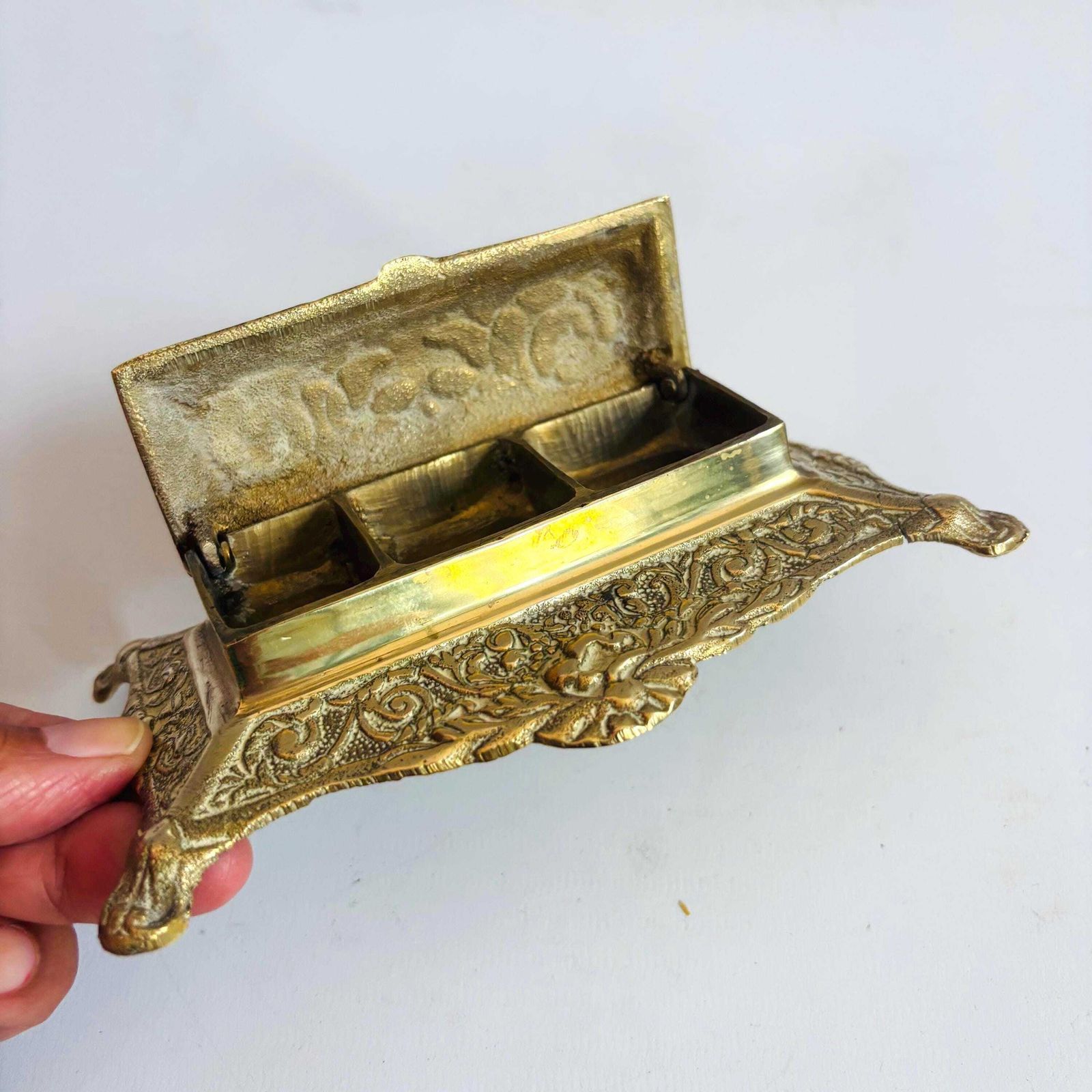 Victorian Gilt Metal Stamp Box: Ornate Desk Casket, C.1890 photo vintage