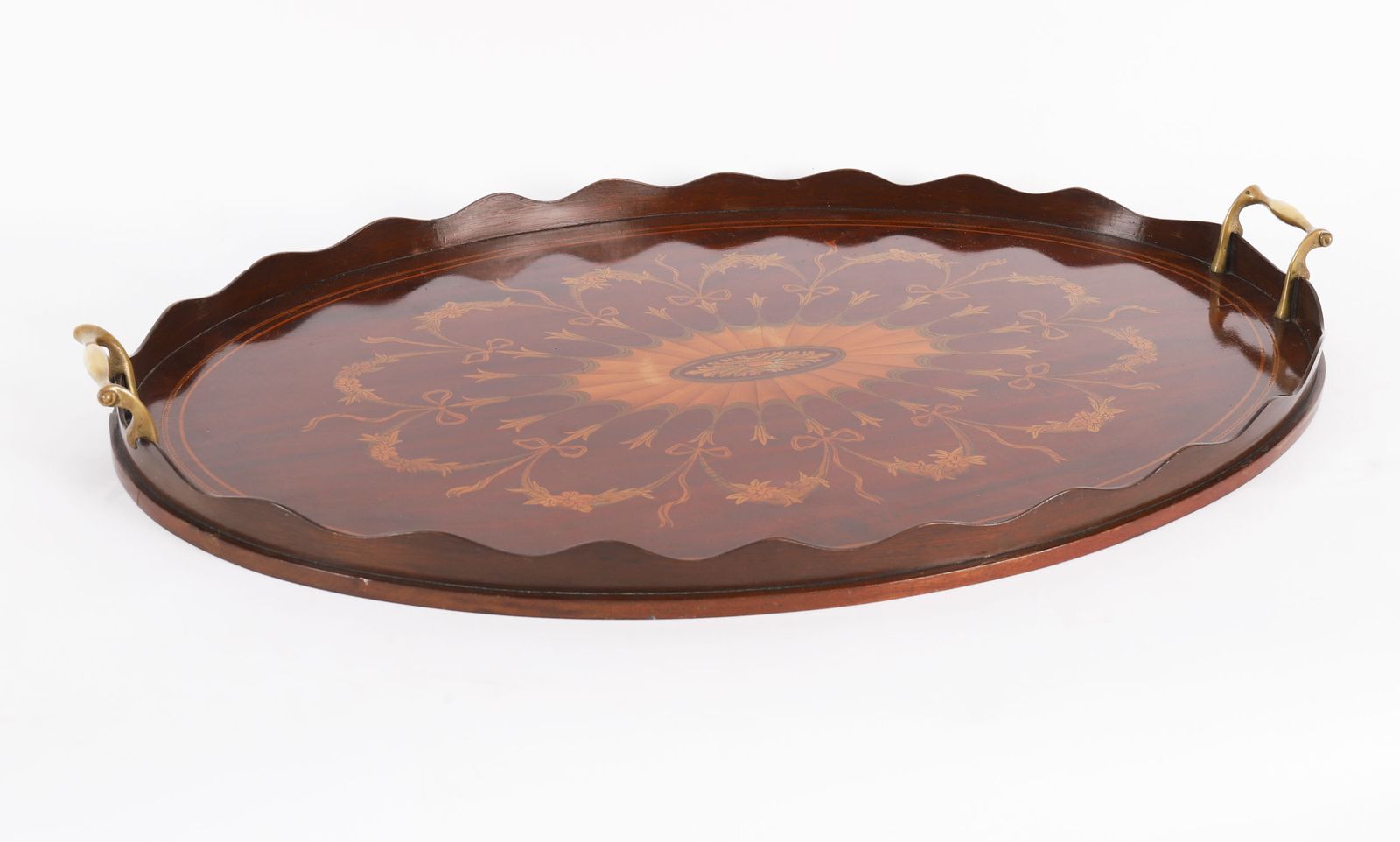 photo vintage English Oval Edwardian Marquetry Butler's Tray C1900