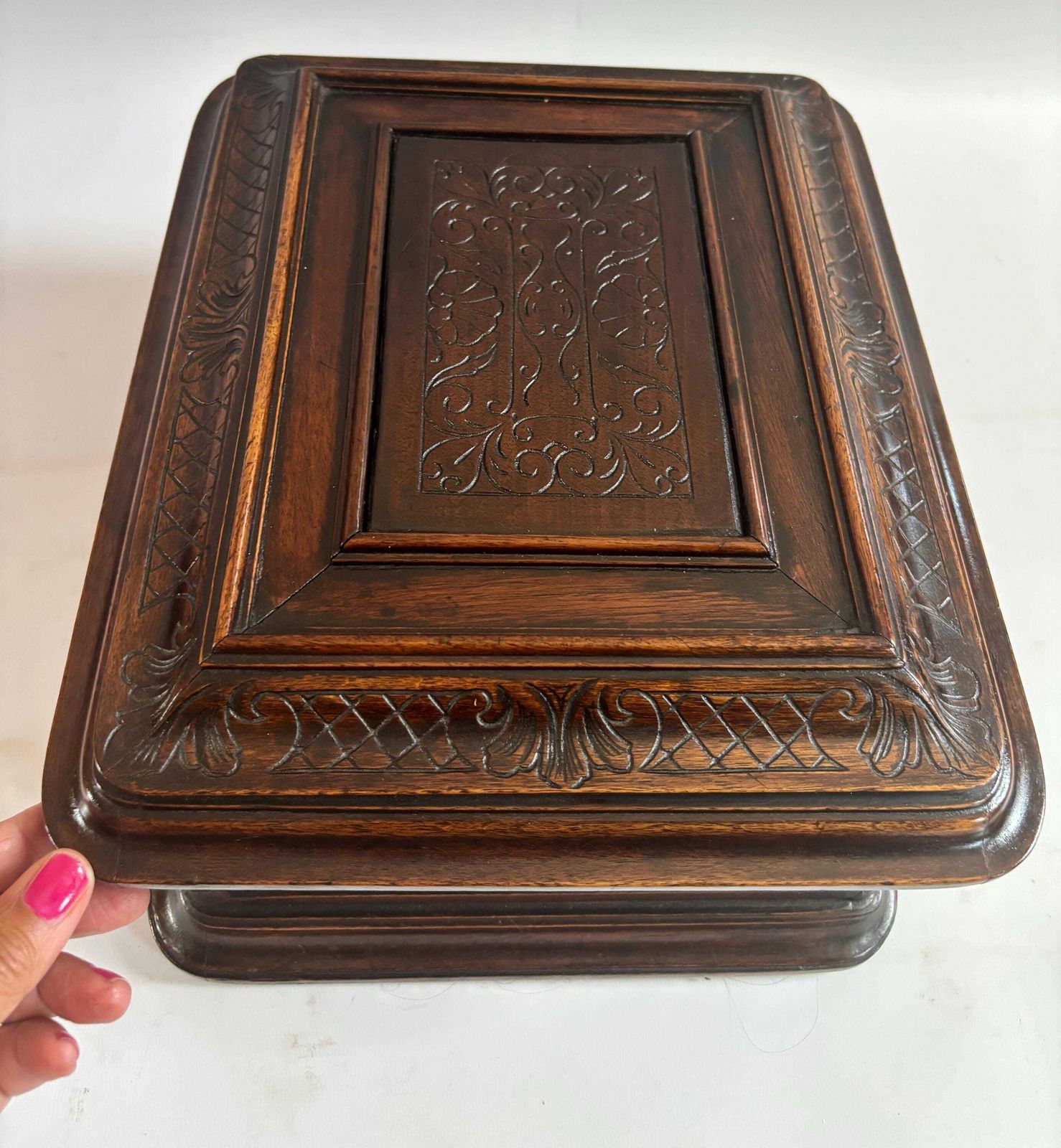 Antique Walnut Jewelry Box: Hand Carved French Keepsake, Fruitwood Tray Organiser photo furniture