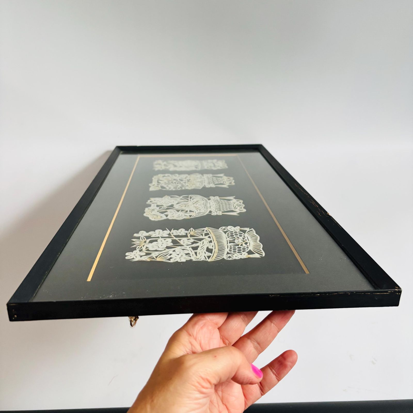 Mid Century Japanese Kirie Paper Cut Floral Art   Framed Set Of Four photo 159.0