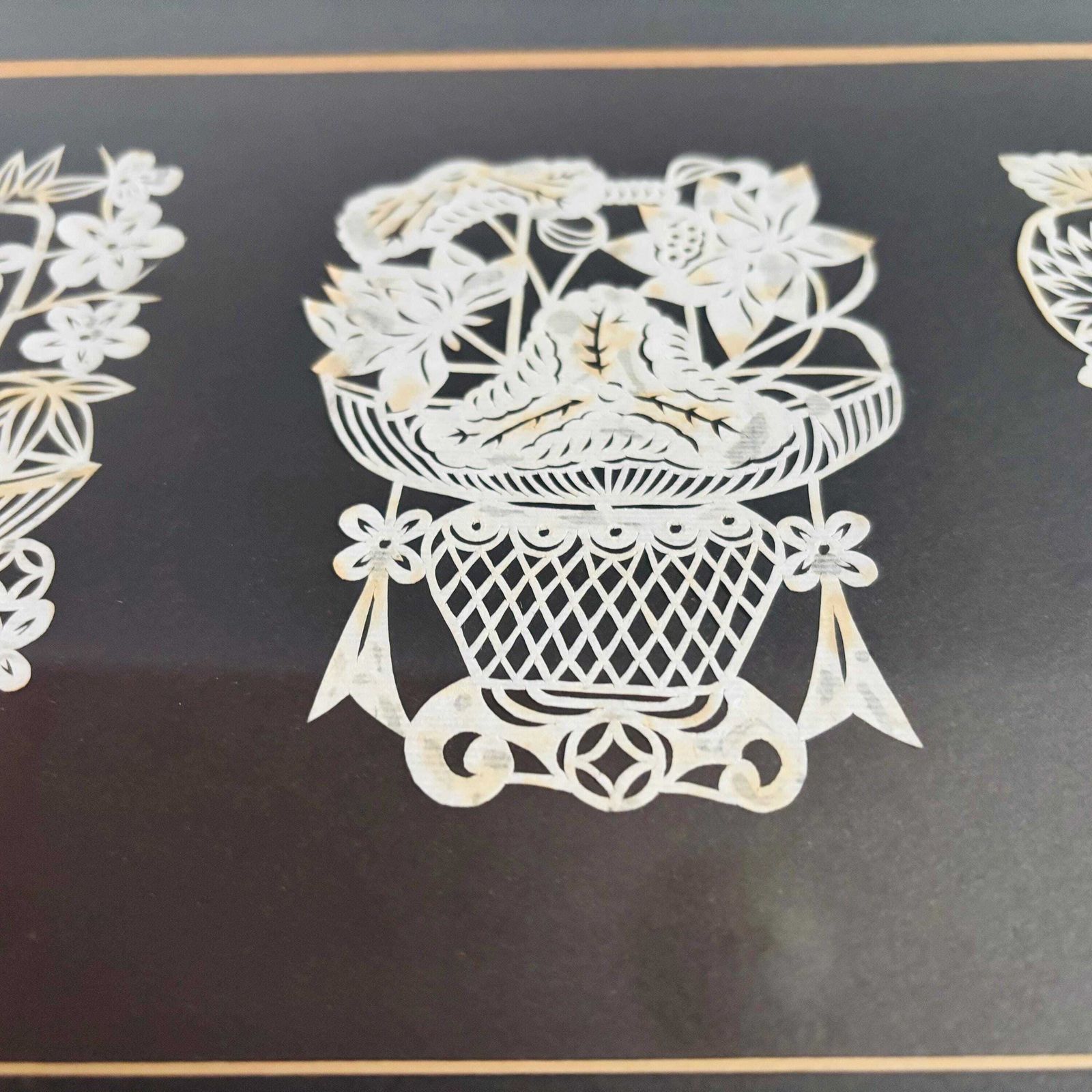 photo for sale Mid Century Japanese Kirie Paper Cut Floral Art   Framed Set Of Four