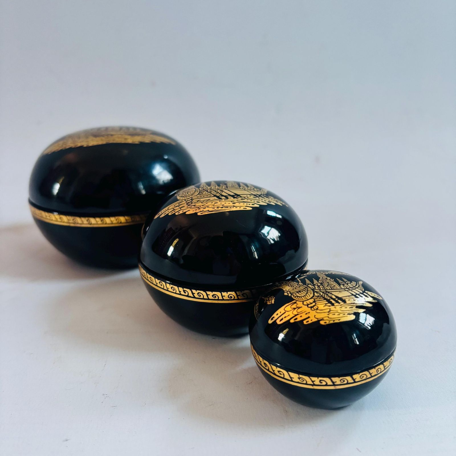 Vintage Burmese Lacquer Nesting Boxes | Gold Boat Motif, Myanmar Art photo 58.0