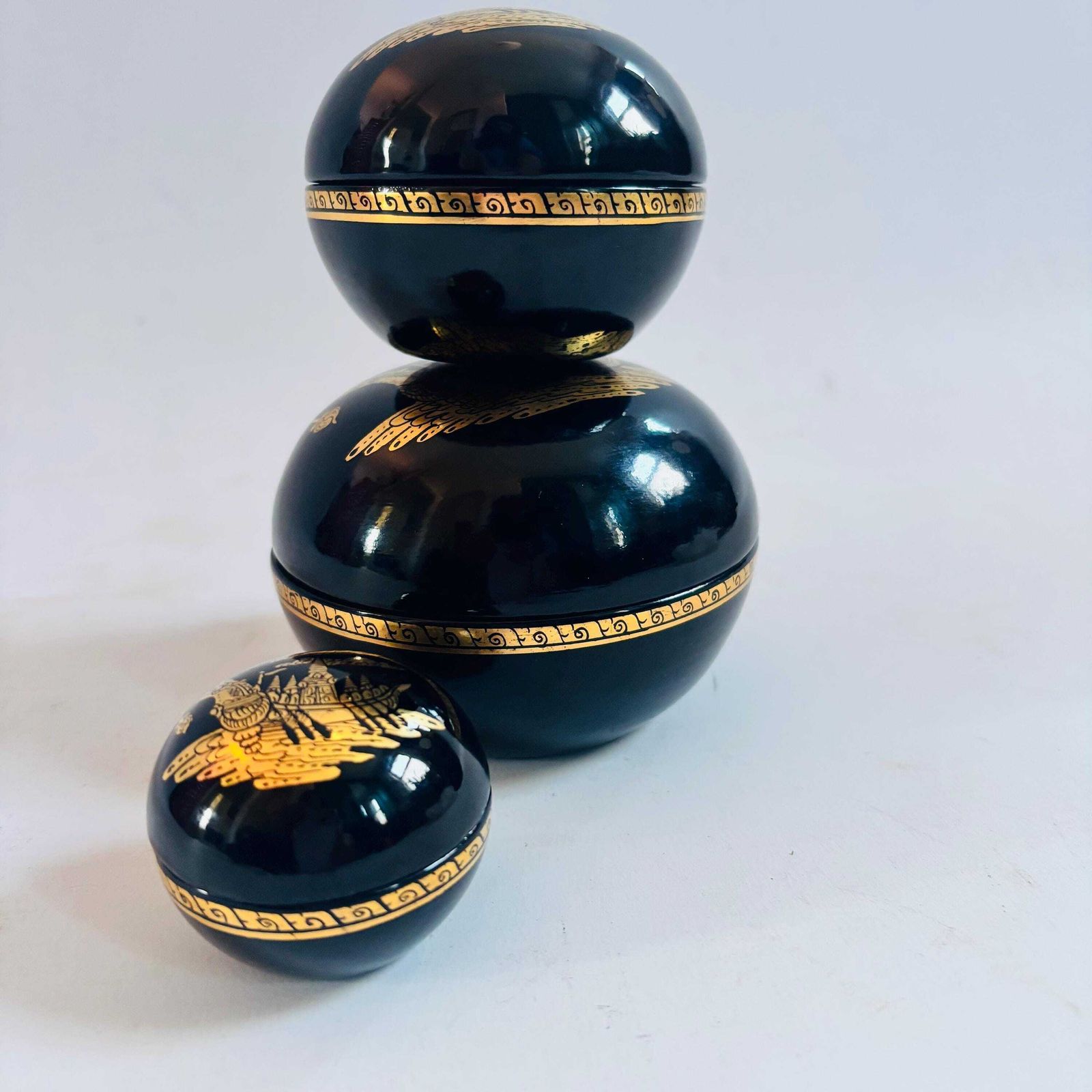 photo furniture Vintage Burmese Lacquer Nesting Boxes | Gold Boat Motif, Myanmar Art