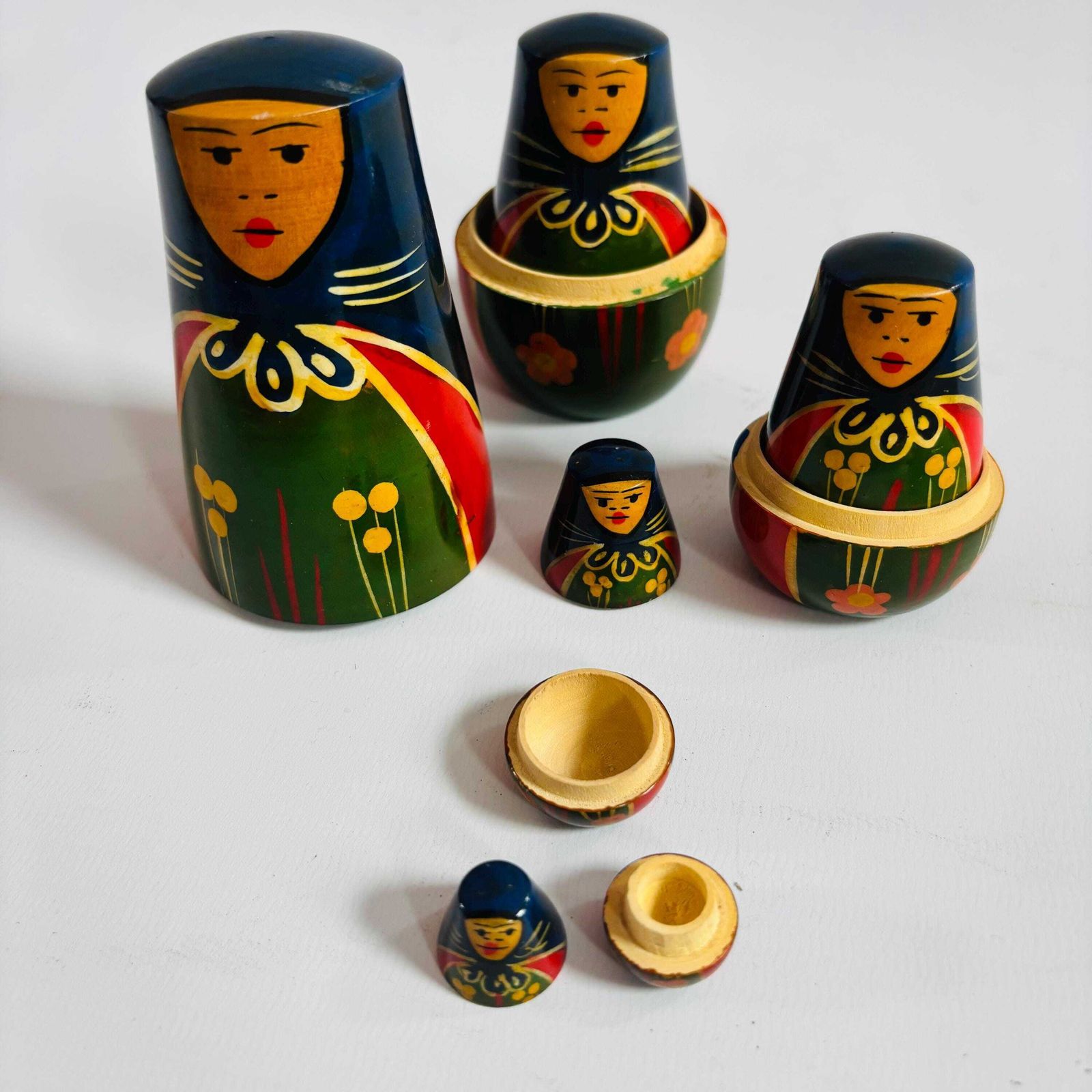 Mid Century Russian Nesting Dolls, Set Of 5 Hand Painted Matryoshka photo vintage