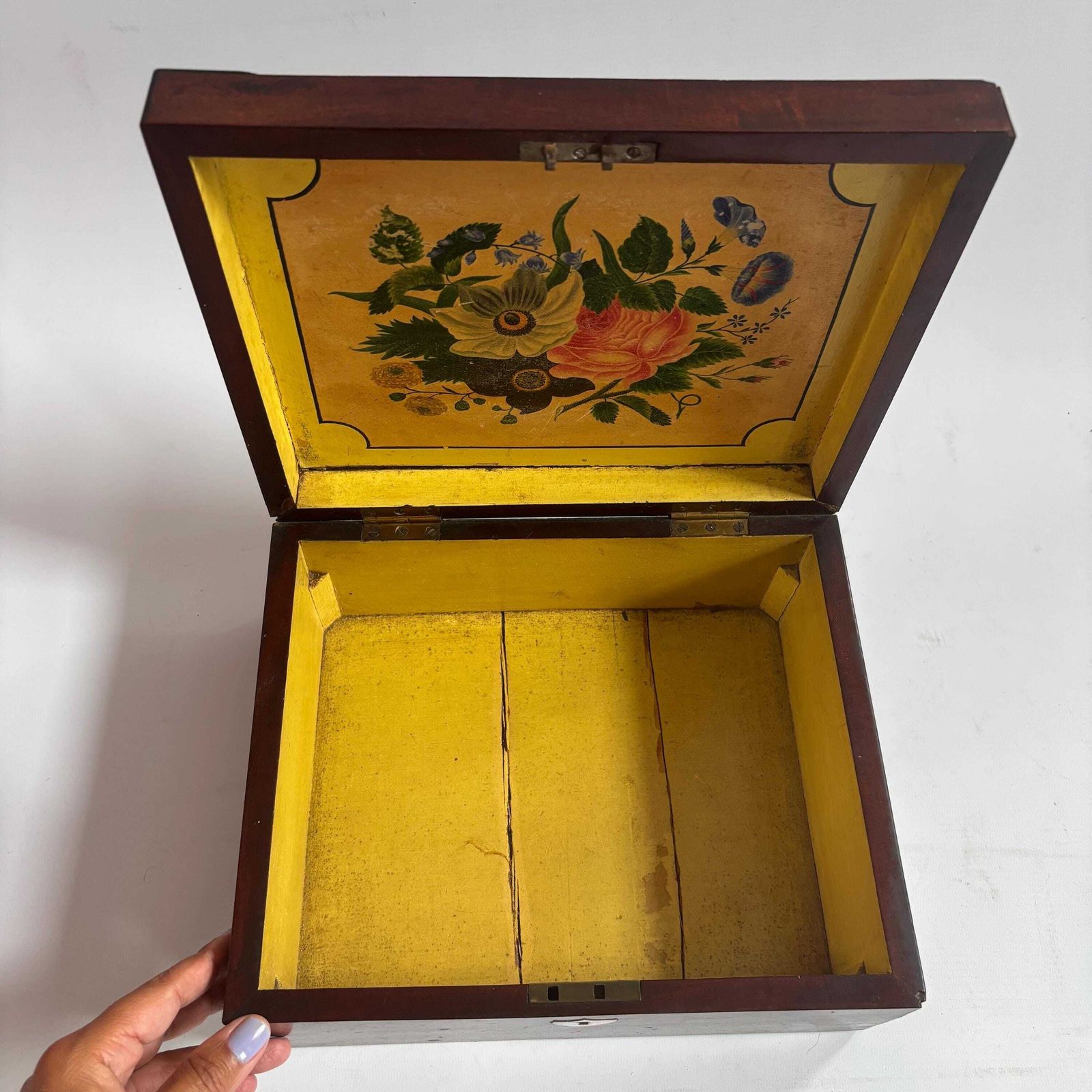 photo for sale Antique Rosewood Keepsake Box: Folk Floral Painting, Mother Of Pearl Inlay