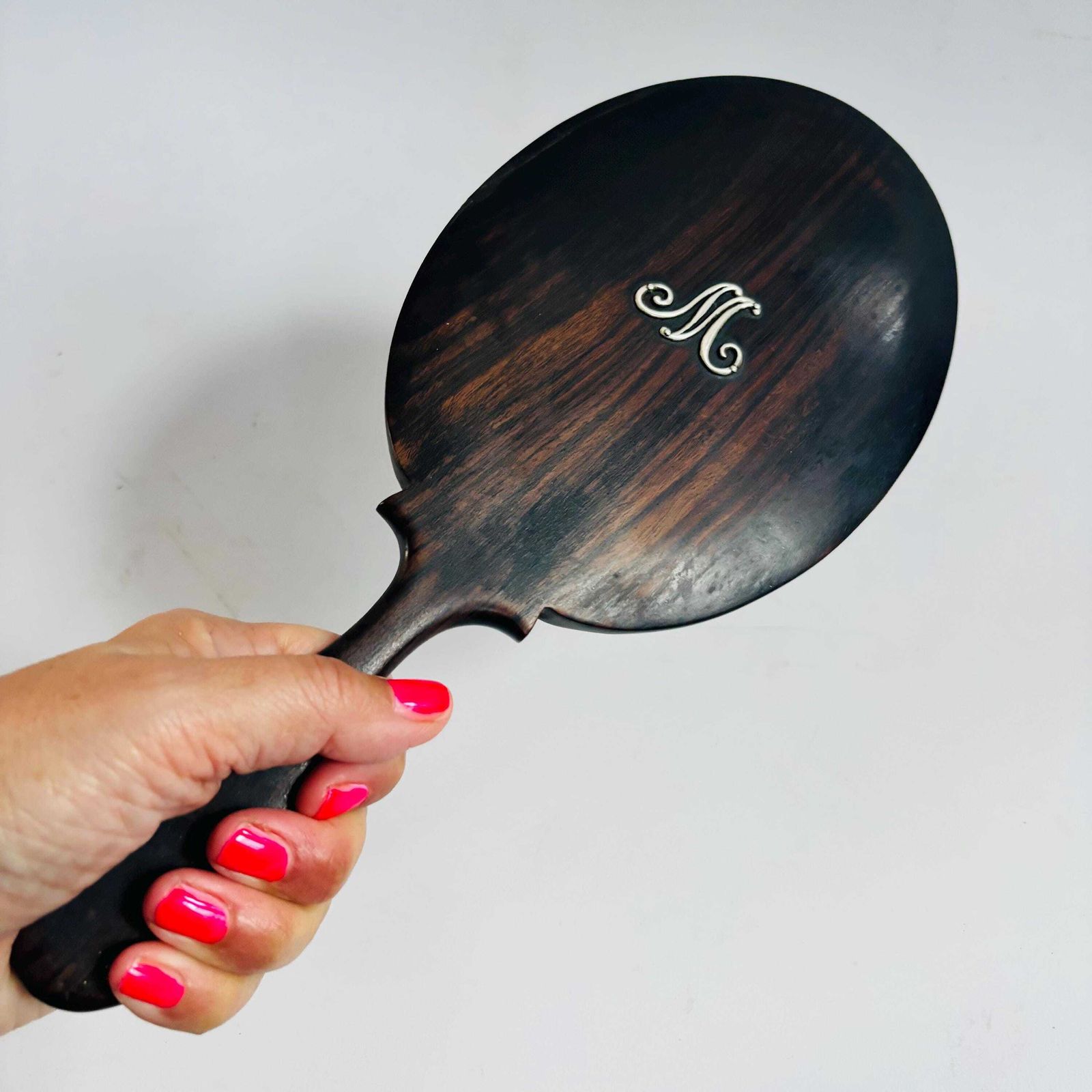 Antique Ebonised Beech Wood Hand Mirror: 1890s 'M' Silver Initial Victorian Bevelled Glass photo for sale