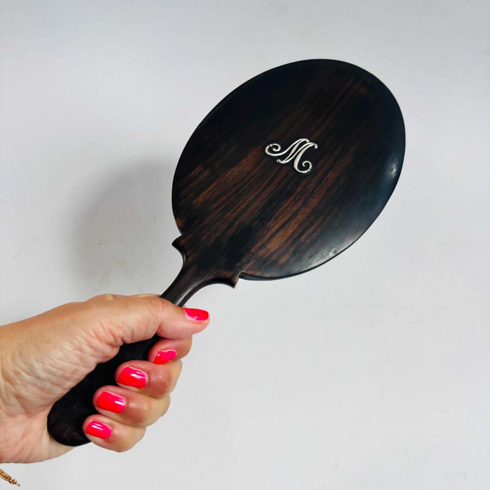 Antique Ebonised Beech Wood Hand Mirror: 1890s 'M' Silver Initial Victorian Bevelled Glass photo Home Decor