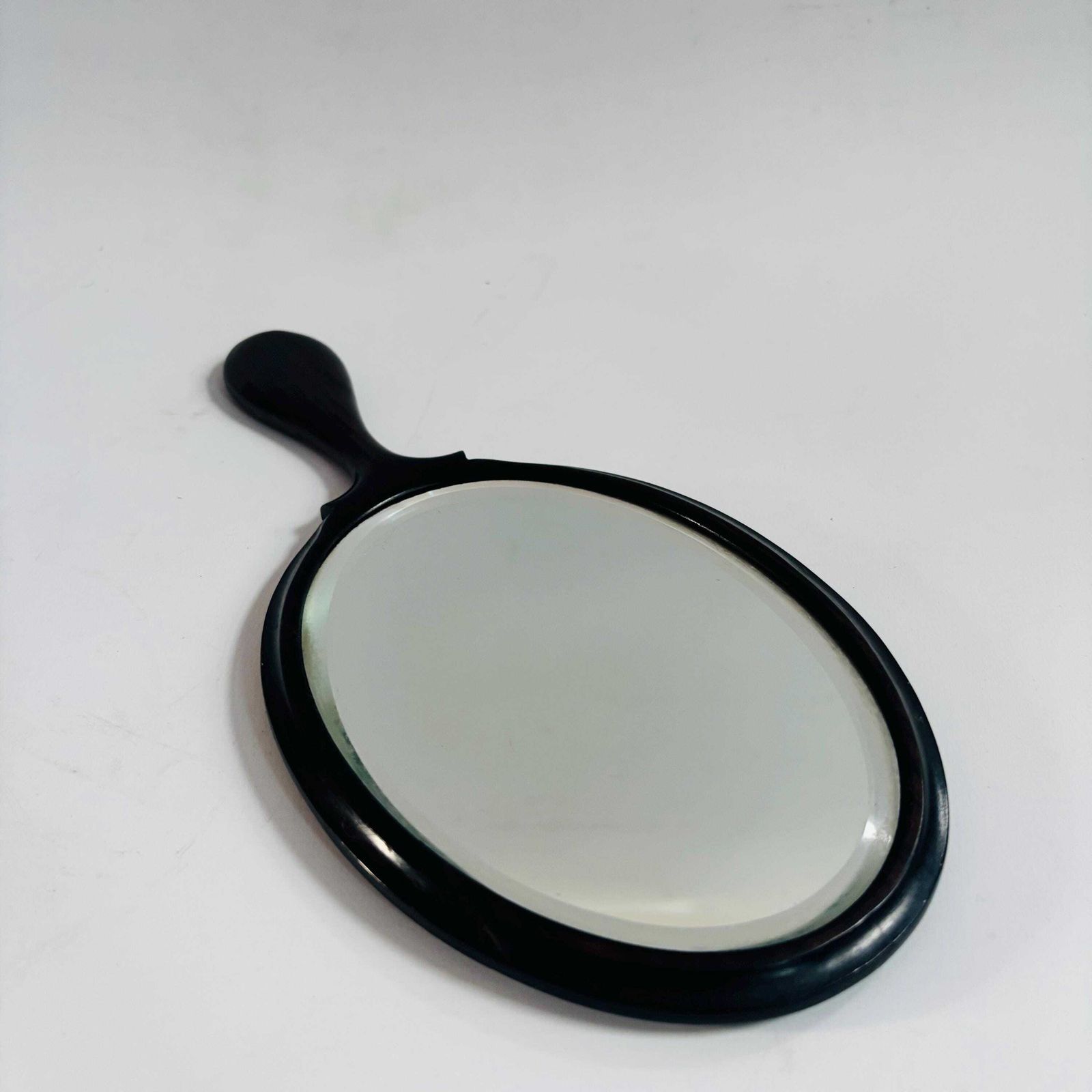 Antique Ebonised Beech Wood Hand Mirror: 1890s 'M' Silver Initial Victorian Bevelled Glass photo buy