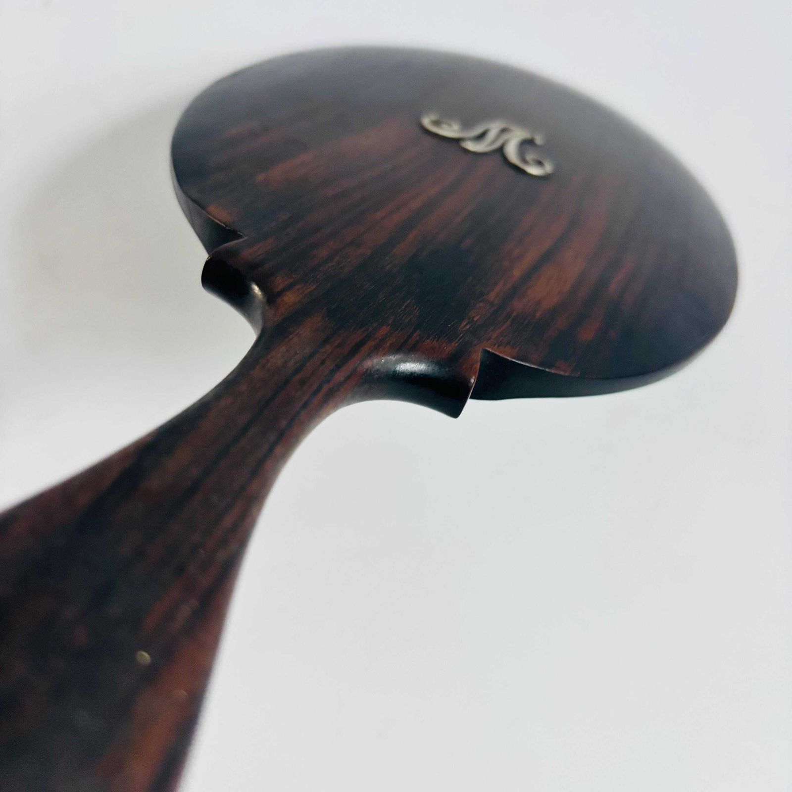 photo furniture Antique Ebonised Beech Wood Hand Mirror: 1890s 'M' Silver Initial Victorian Bevelled Glass