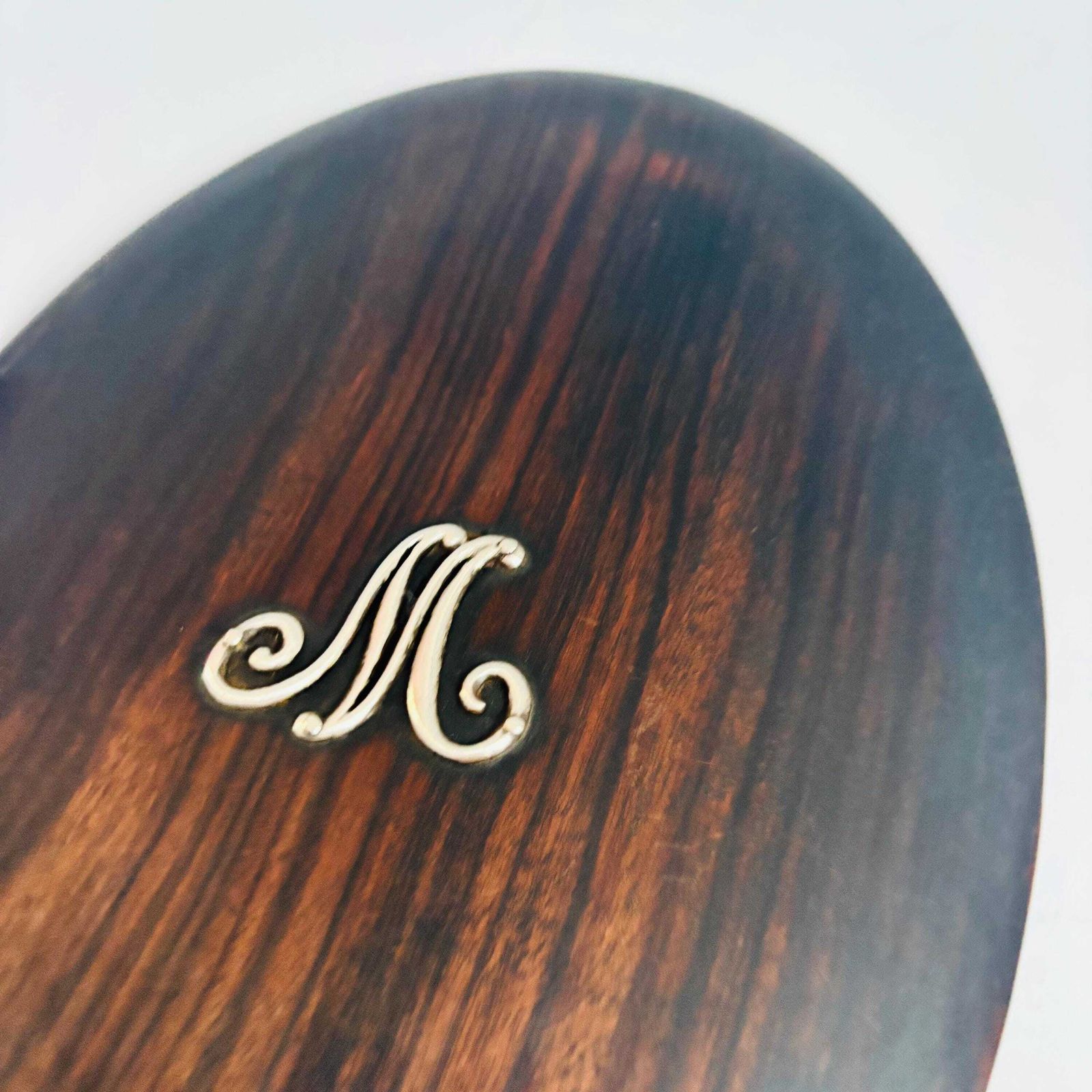photo vinterior Antique Ebonised Beech Wood Hand Mirror: 1890s 'M' Silver Initial Victorian Bevelled Glass