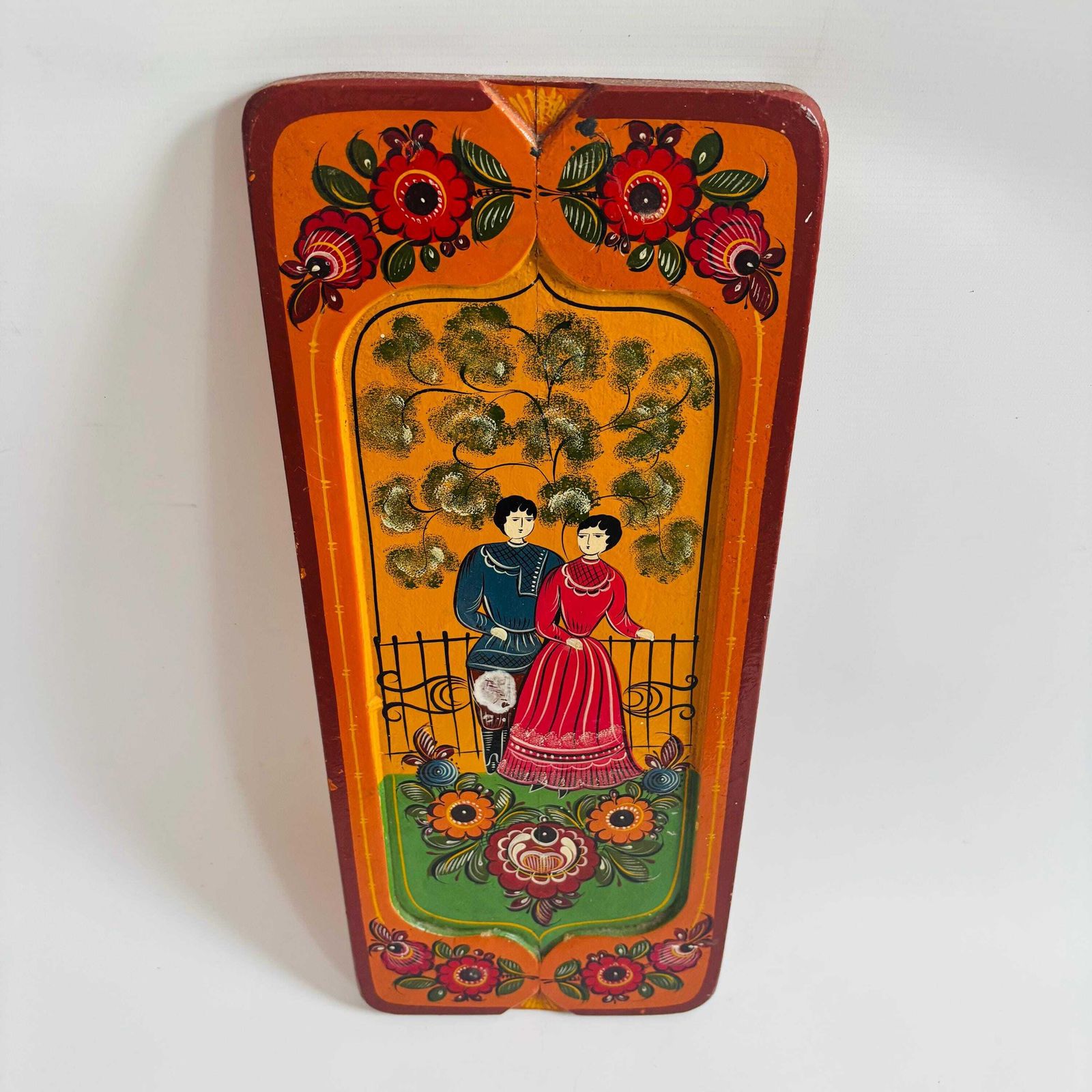 1960s Russian Folk Art Painting, Mid Century Naive Couple, Vibrant Colors photo buy